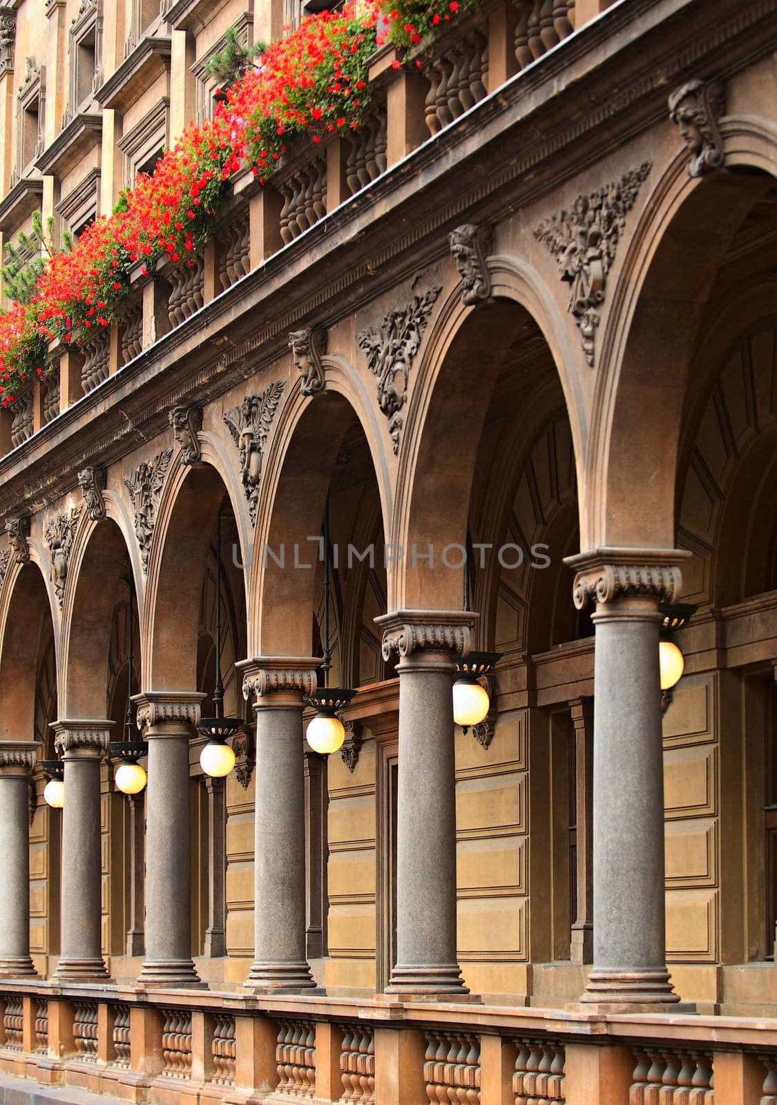 Medieval stone columns. A colonnade in the historical centre of Prague.