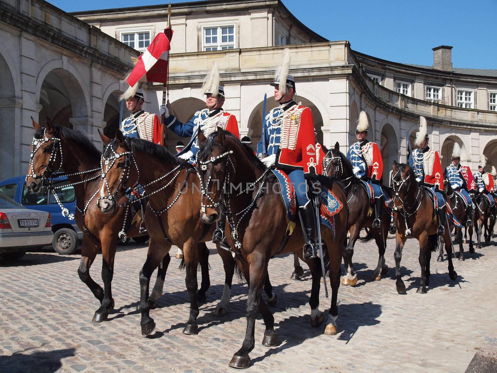 COPENHAGEN - APR 16: Denmark's Queen Margrethe celebrates her 70th birthday with other European Royals. The Queen rides an open carriage escorted by Hussars to Copenhagen City Hall on April 16, 2010.