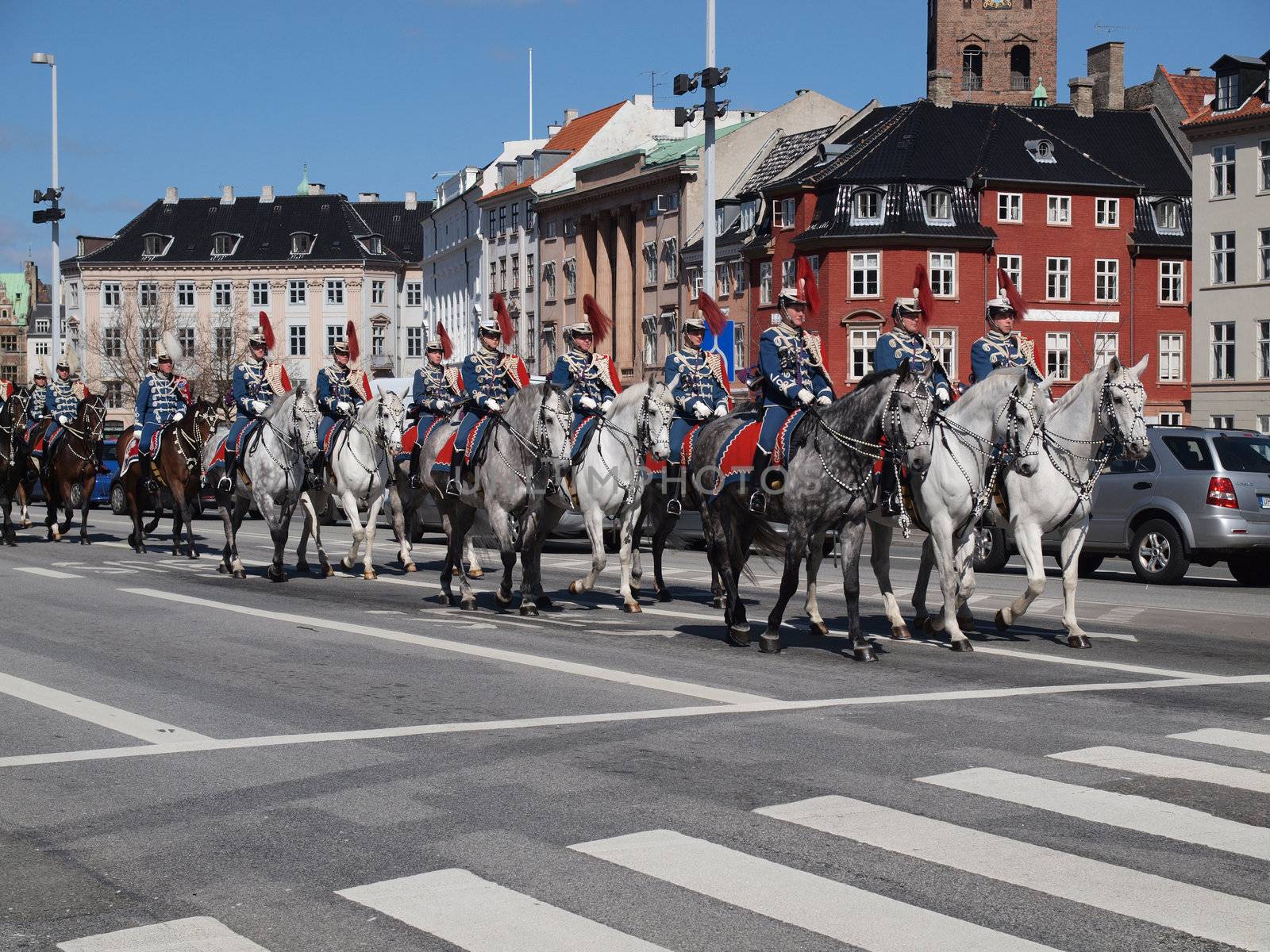 COPENHAGEN - APR 16: Denmark's Queen Margrethe celebrates her 70th birthday with other European Royals. The Queen rides an open carriage escorted by Hussars to Copenhagen City Hall on April 16, 2010.