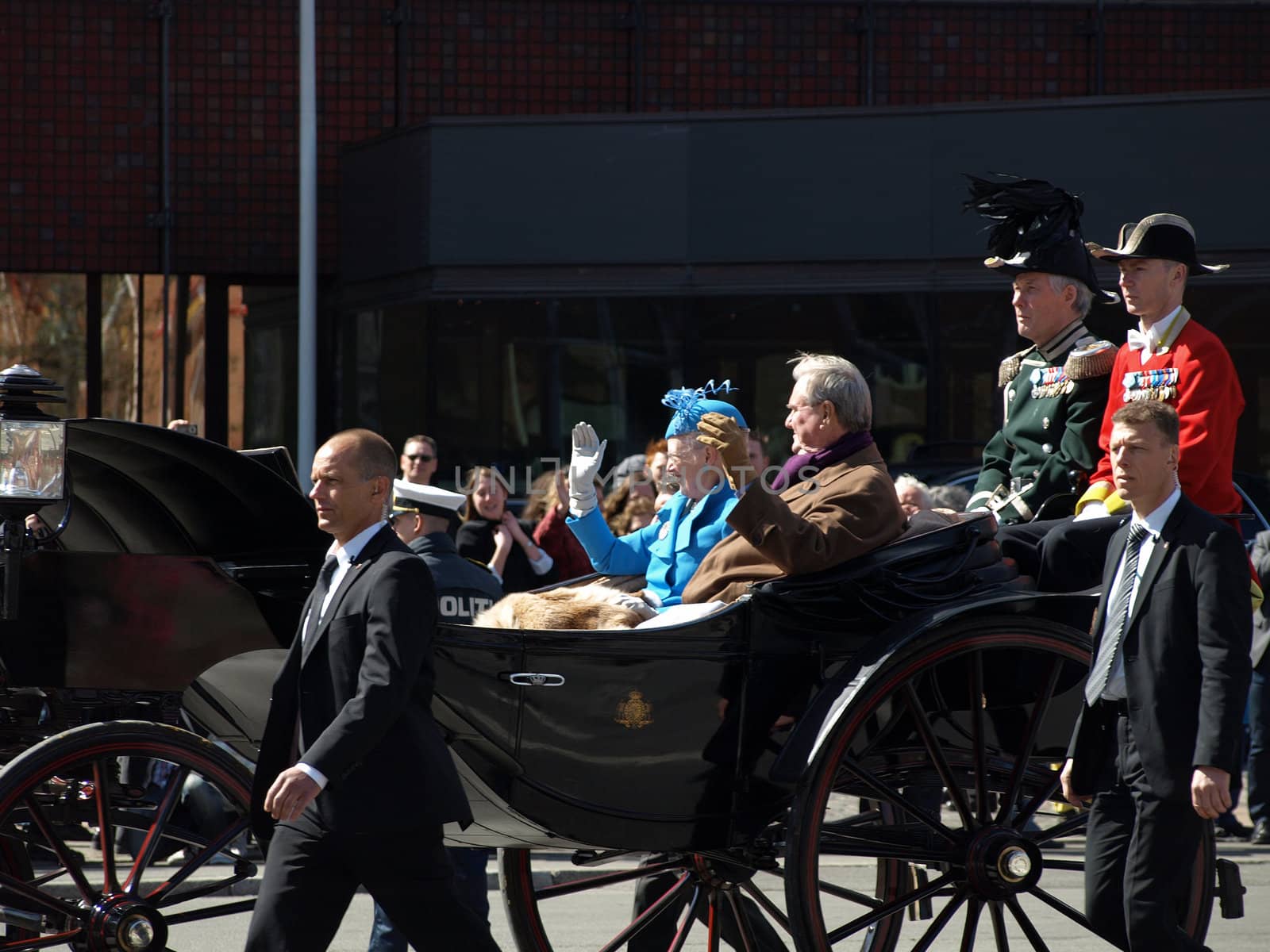 COPENHAGEN - APR 16: Denmark's Queen Margrethe celebrates her 70th birthday with other European Royals. The Queen rides an open carriage escorted by Hussars to Copenhagen City Hall on April 16, 2010.