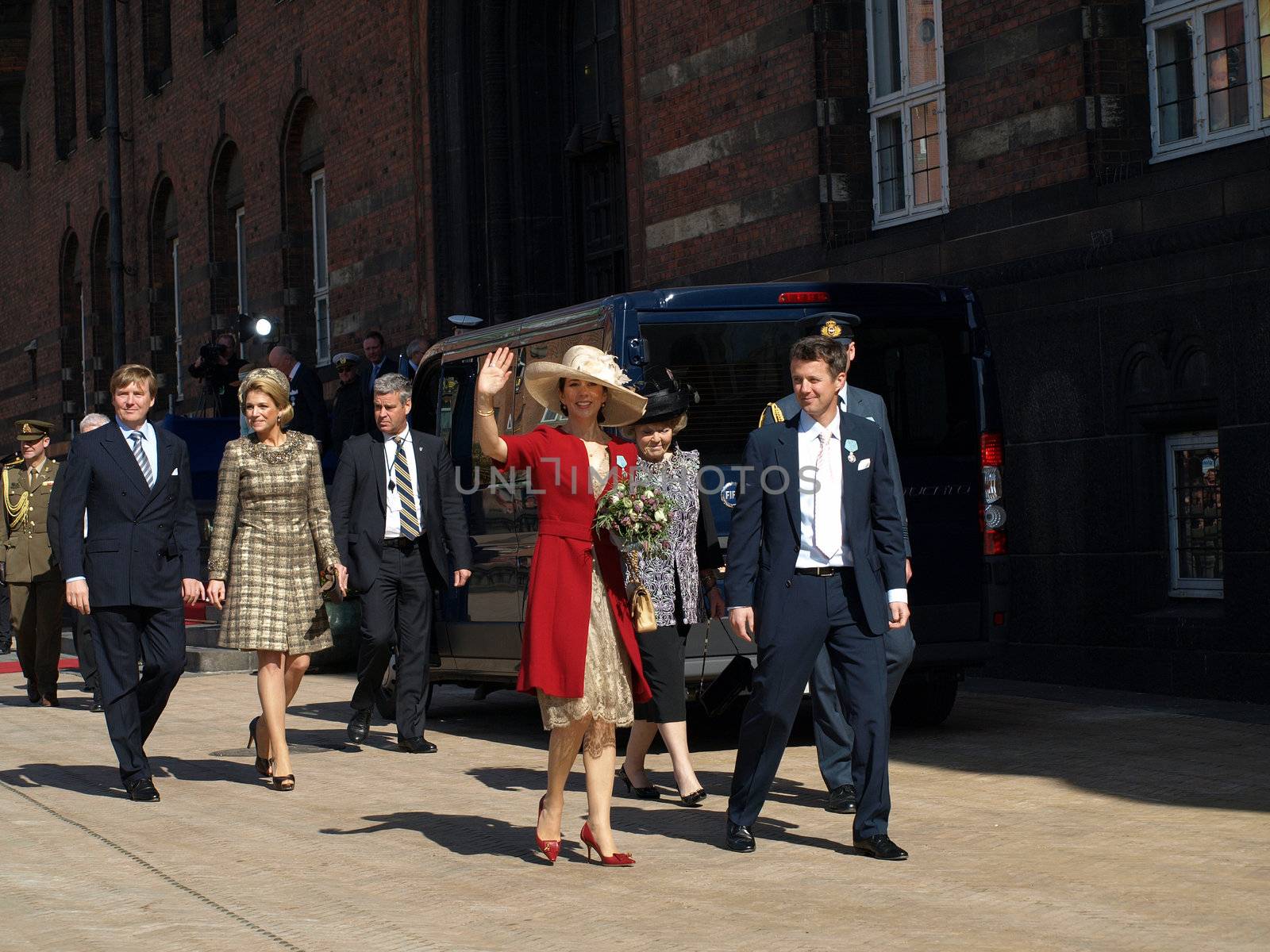 COPENHAGEN - APR 16: Denmark's Queen Margrethe celebrates her 70th birthday with other European Royals. The Queen rides an open carriage escorted by Hussars to Copenhagen City Hall on April 16, 2010.