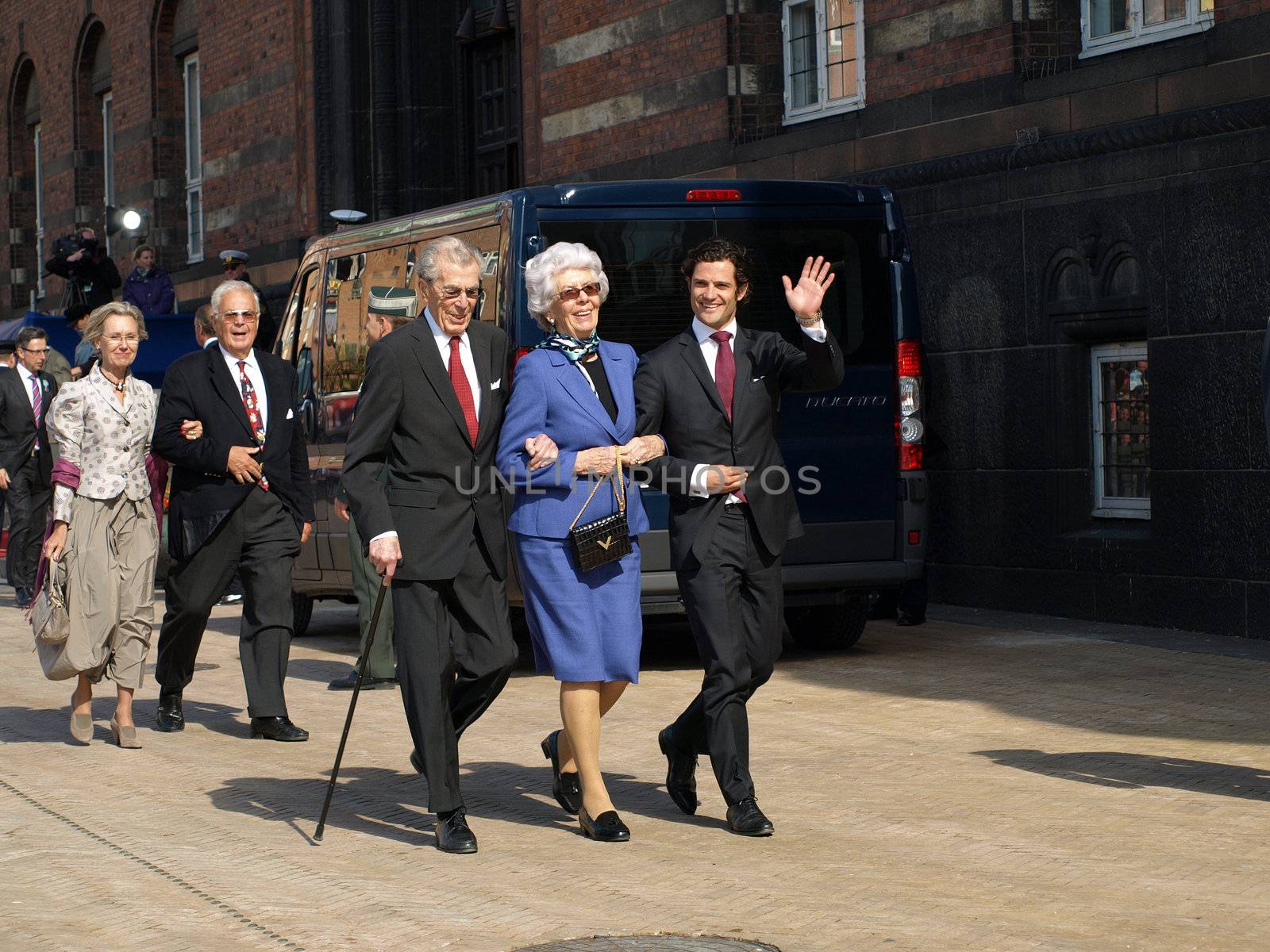 COPENHAGEN-APR 16: Denmark's Queen Margrethe celebrates her 70th birthday with other European Royals. The Queen rides an open carriage escorted by Hussars to Copenhagen City Hall on April 16, 2010.