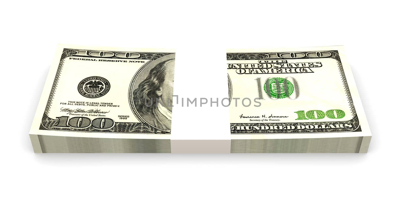 3D rendered Illustration. Stacks of 100 Dollar Bills.