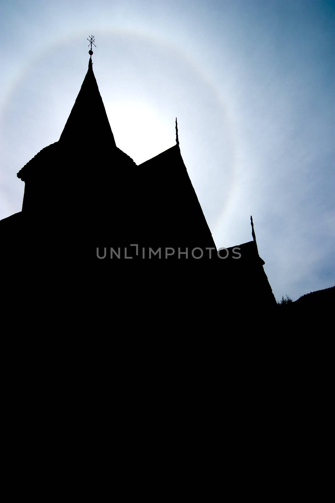 A silhouette of an old Norwegian Stave Church