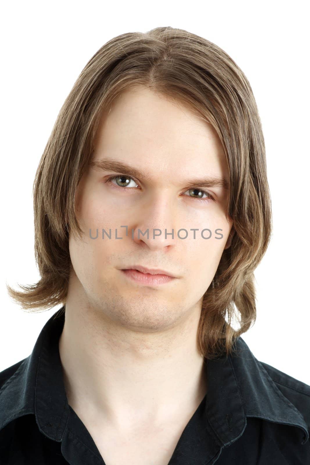 blond young man, white background