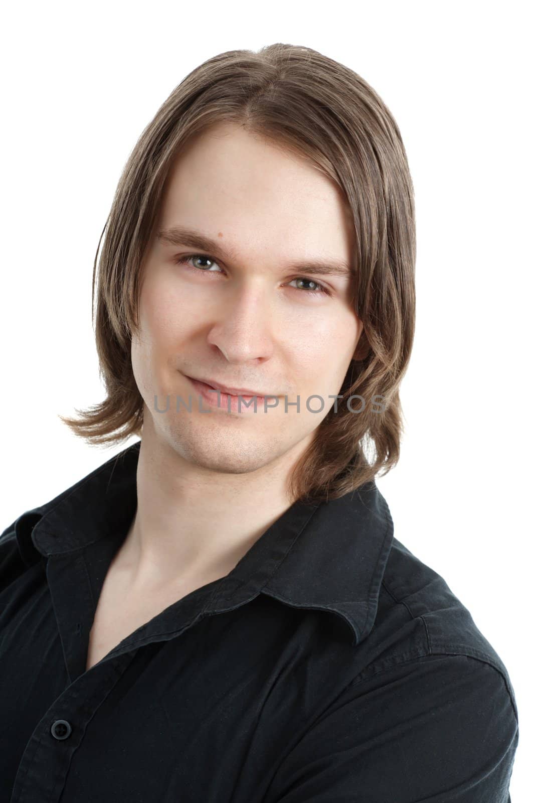 closeup portrait of young man, smiling, isolated on white