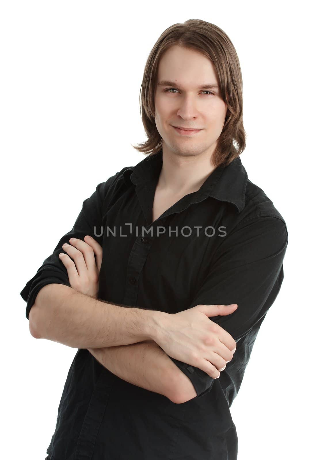 young serious man arm crossed, white background