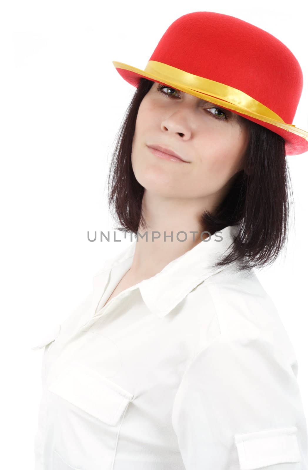 portrait of beautiful woman wearing bright red hat, white background