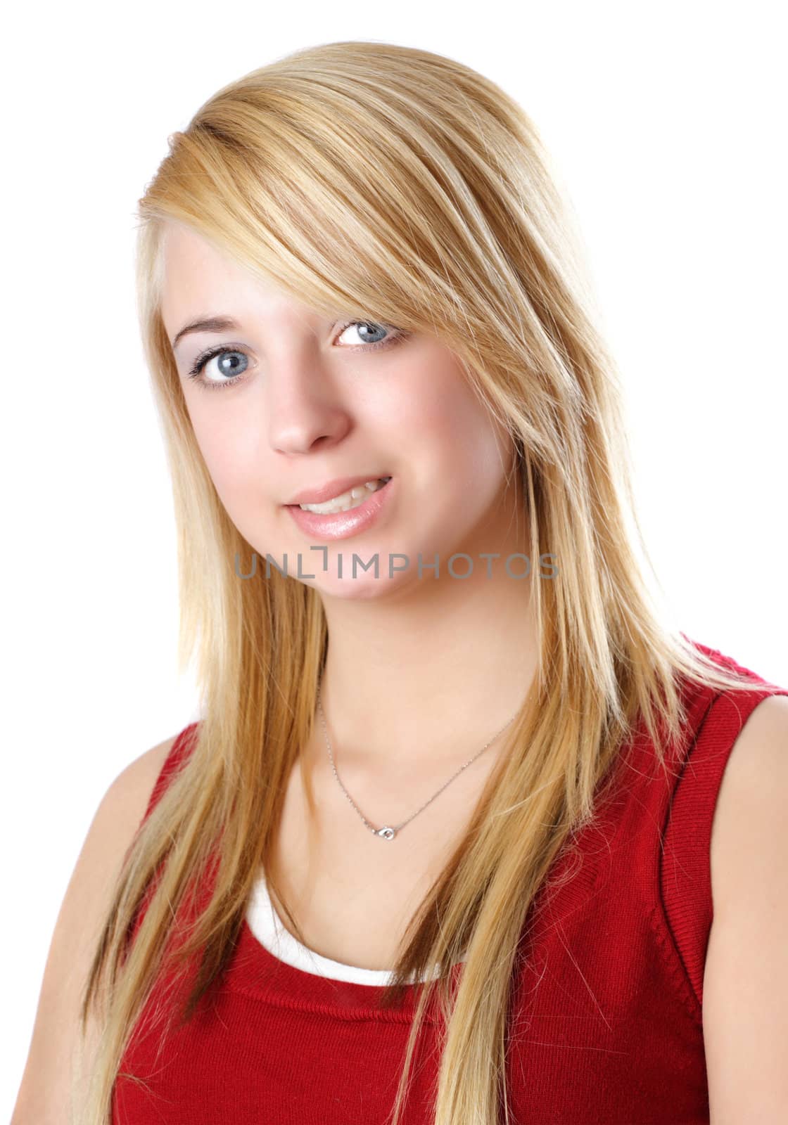 Blond teen girl isolated on white