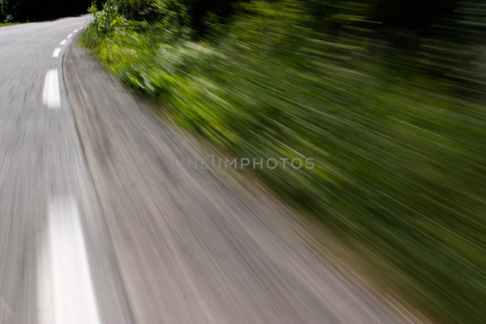 A motion blur image of a road and folliage.