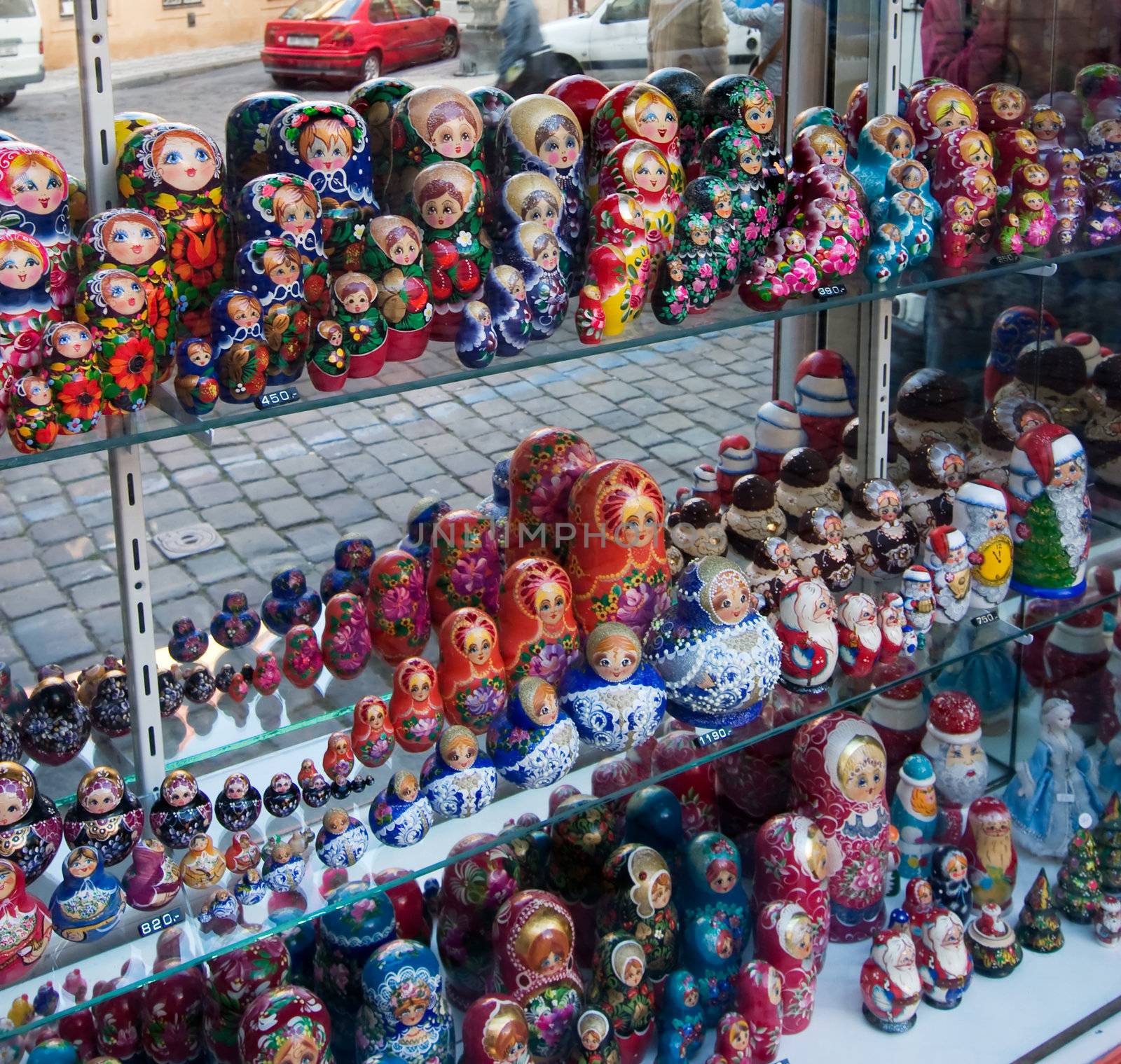 Russian nesting dolls in a store window.