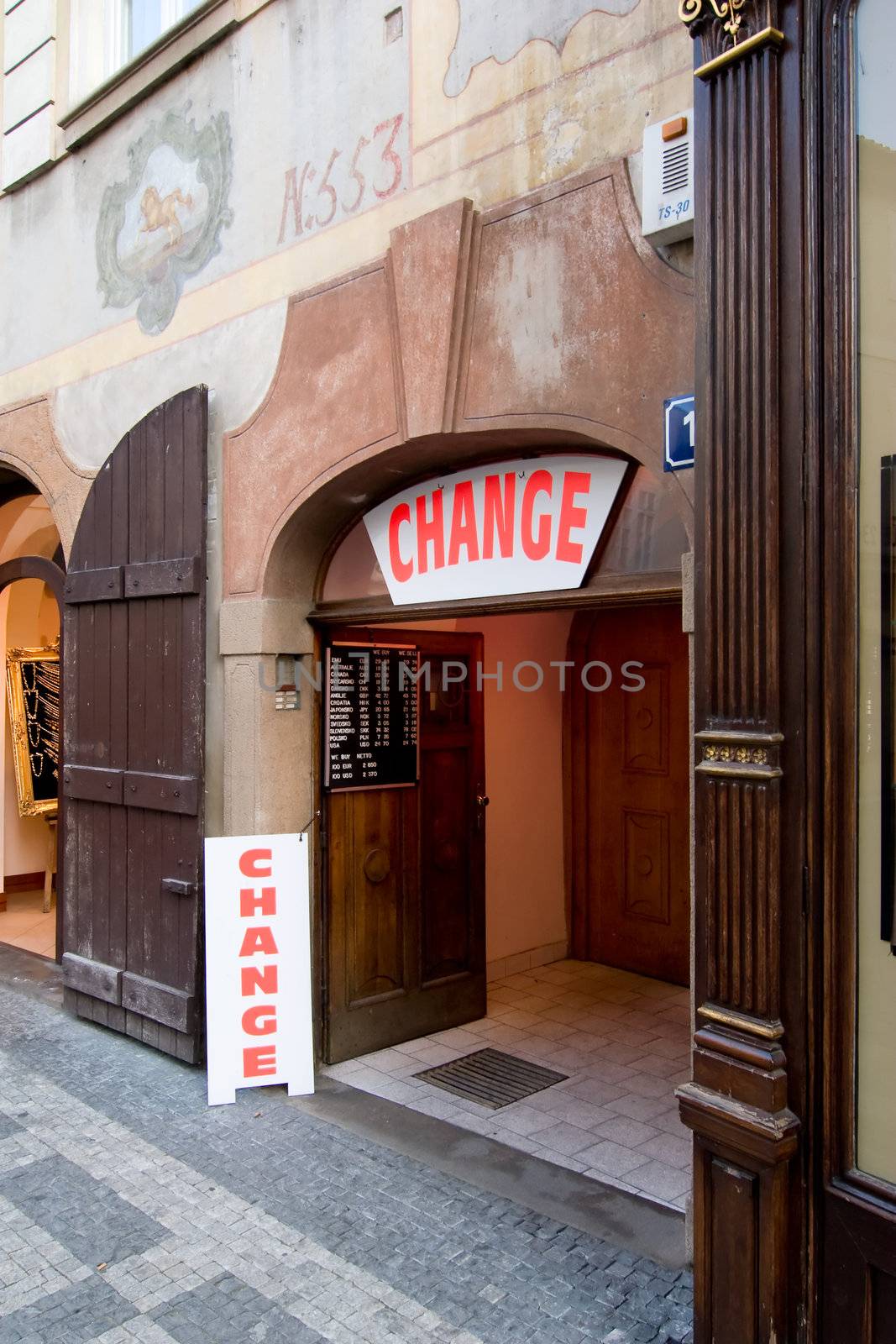 A currency conversion stall in Prague Czech Republic