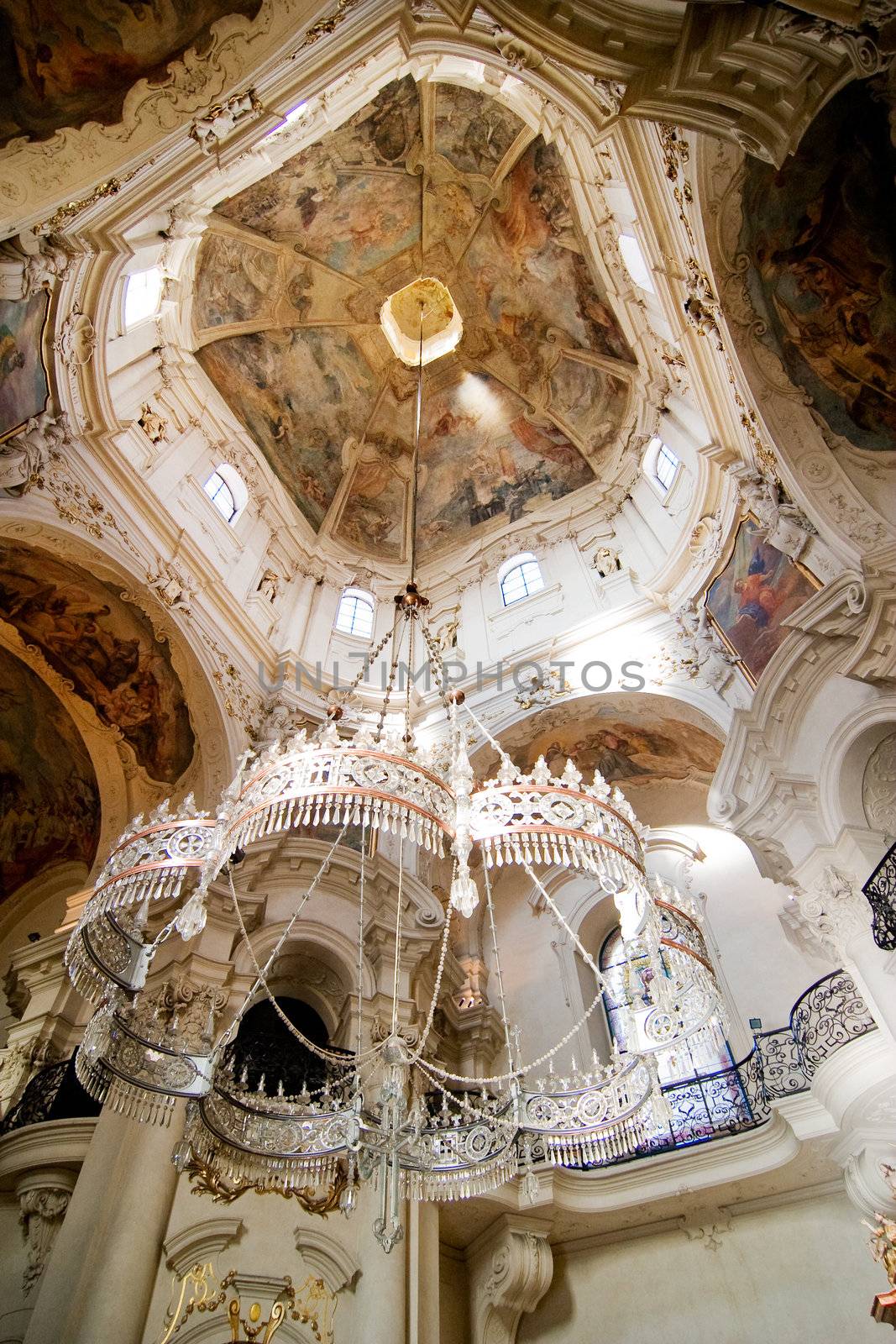 Rococo church ceiling, chandelier and fresco