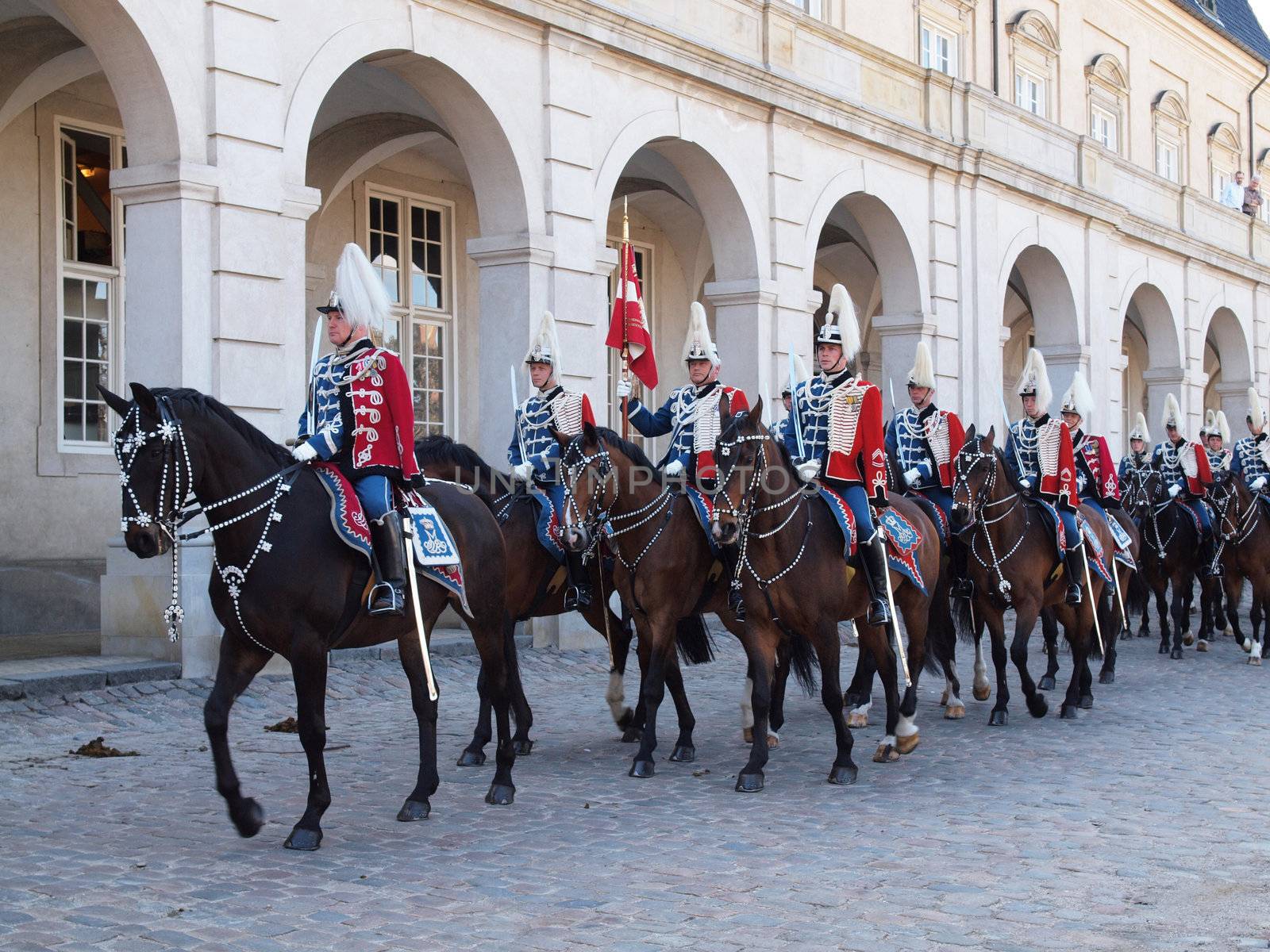 COPENHAGEN - APR 16: The Danish Royal guards on horses escorts the queen during the celebration of Queen Margrethe's 70th birthday on April 16, 2010 in Copenhagen, Denmark.
