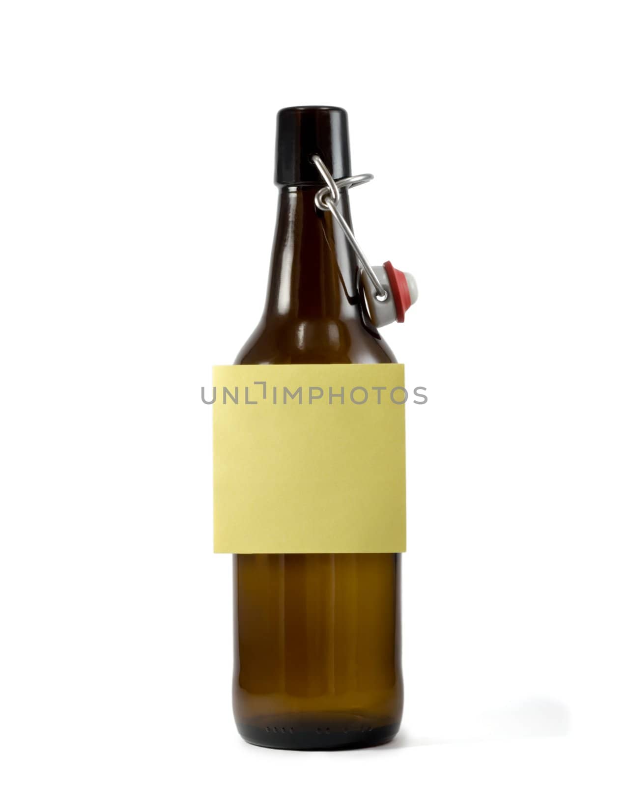sticky on beer bottle ,isolated on a white background