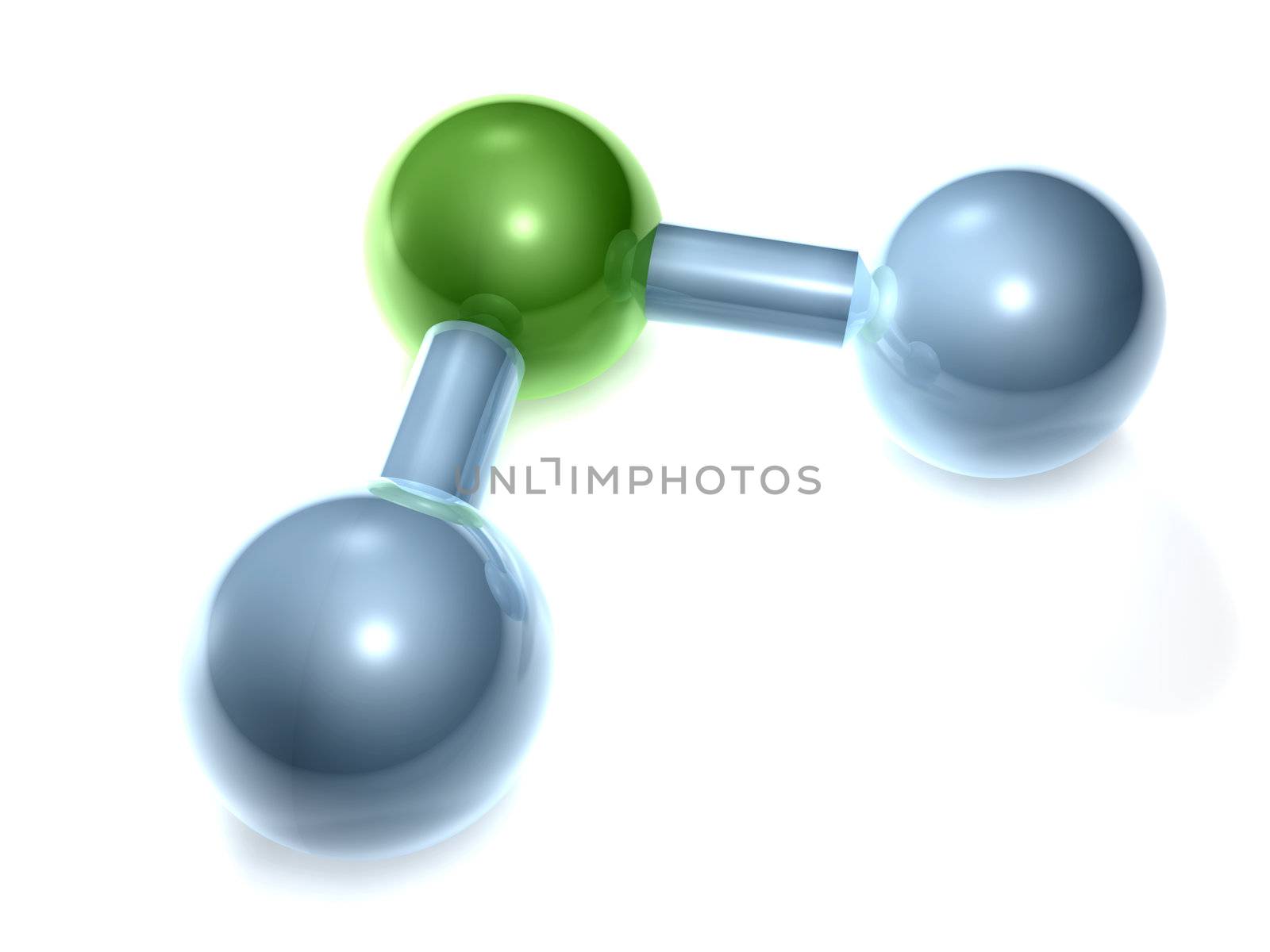 3D rendering of a H2O Molecule.  H2O = Water O (Oxygen) = Green H (Hydrogen) = Blue