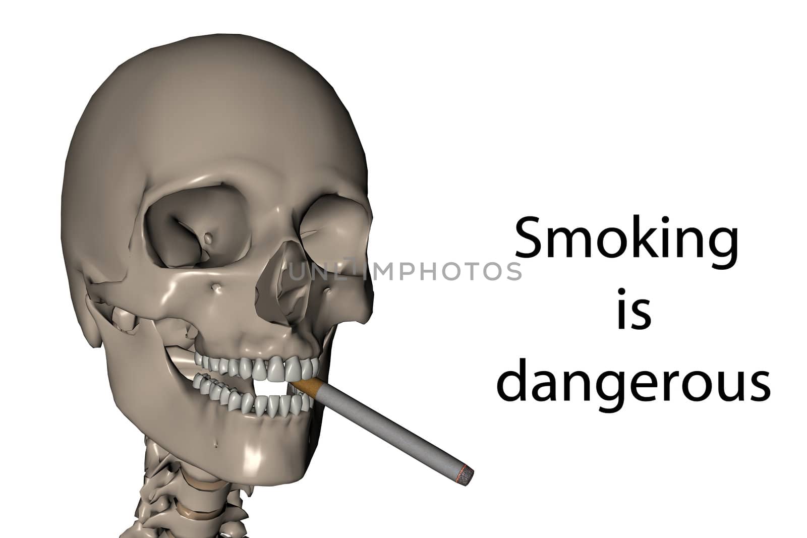 3D rendered smoking skull with text smoking is dangerous