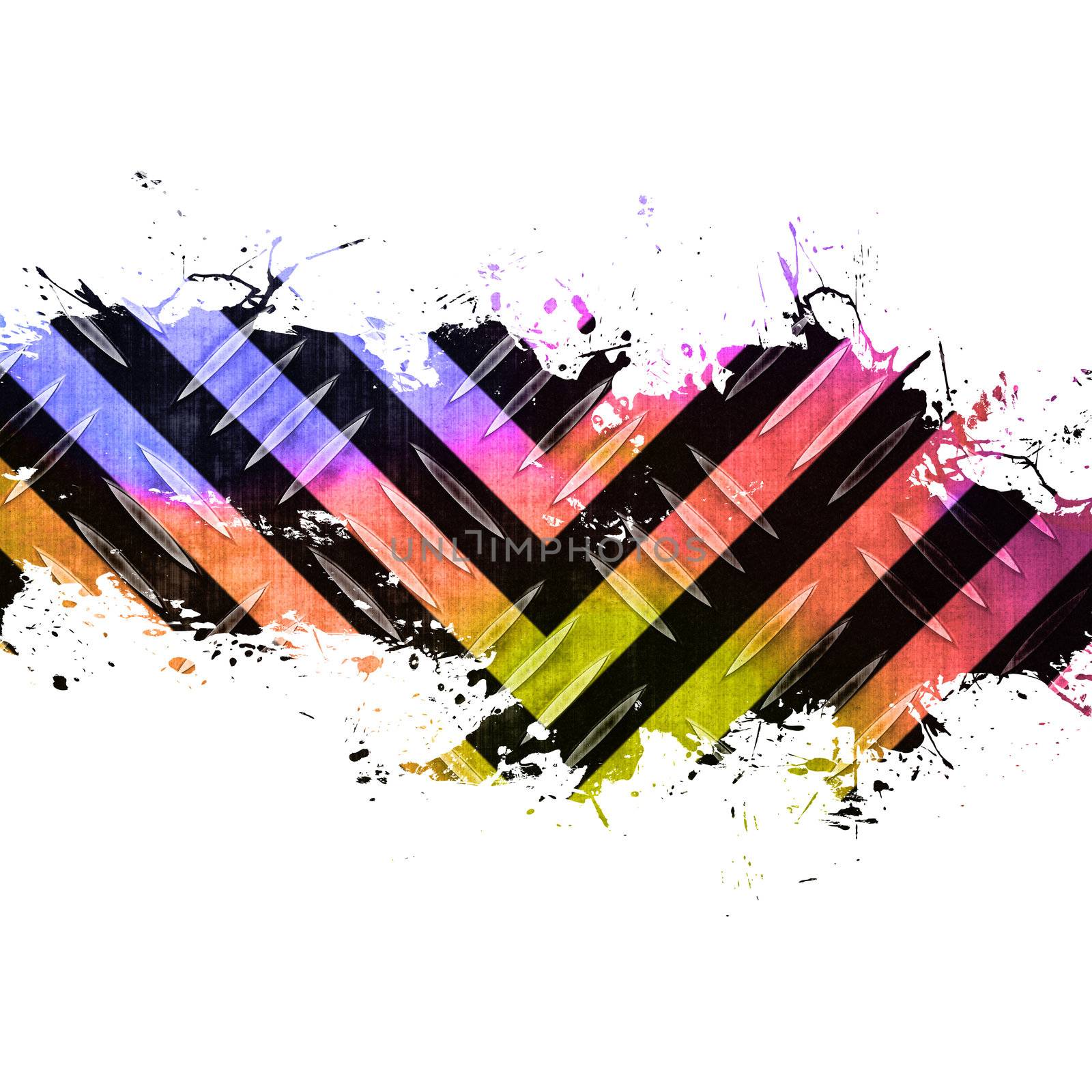 A colorful splattered hazard stripes background with grungy splotches and diamond plate texture isolated over white.