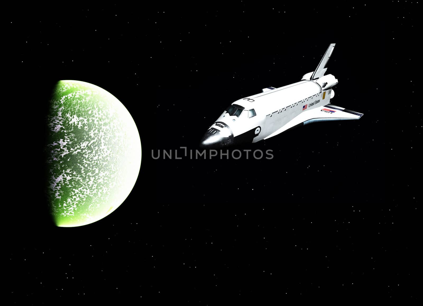 A space shuttle flying near a planet.