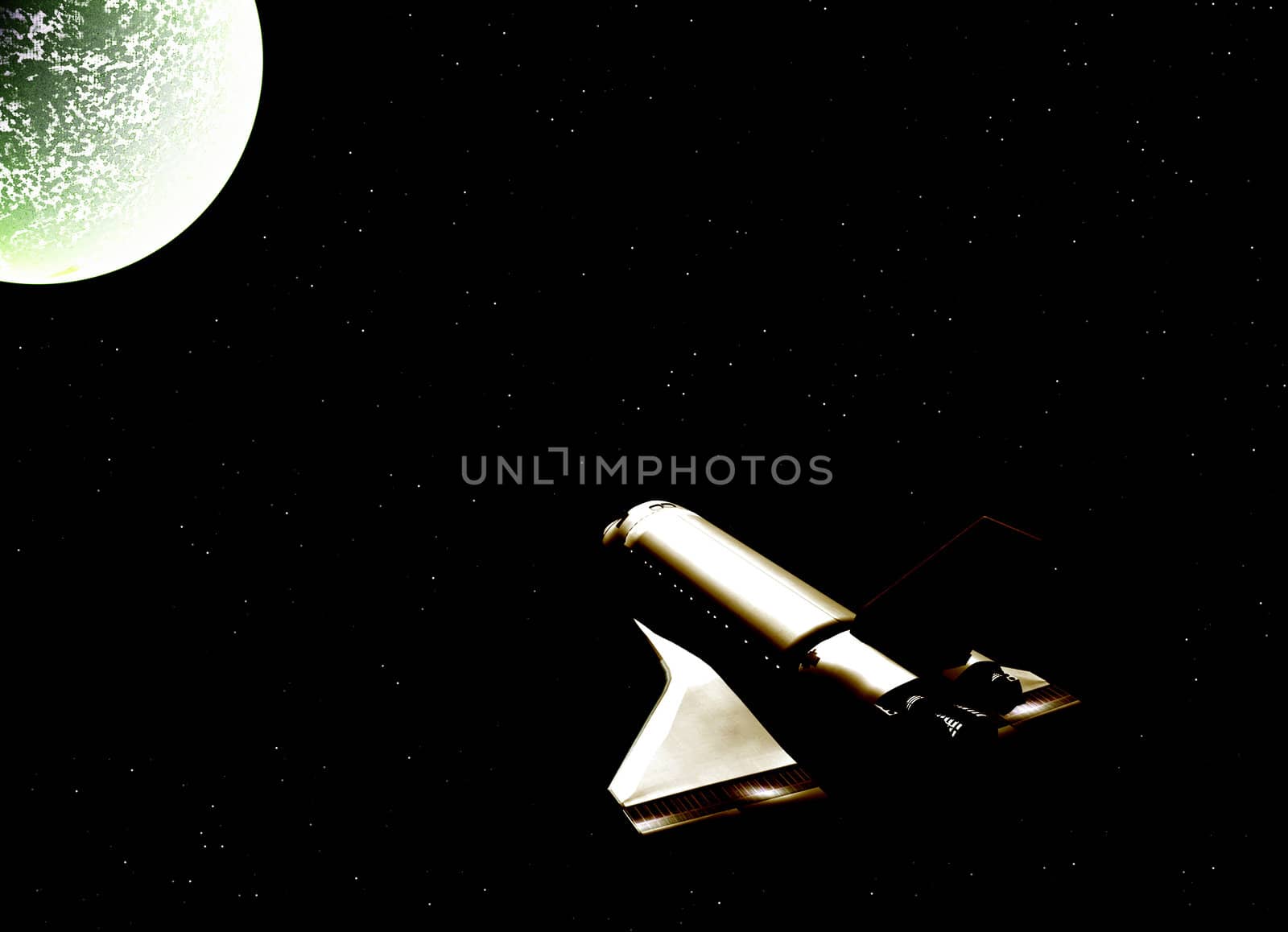 A space shuttle flying near a planet.
