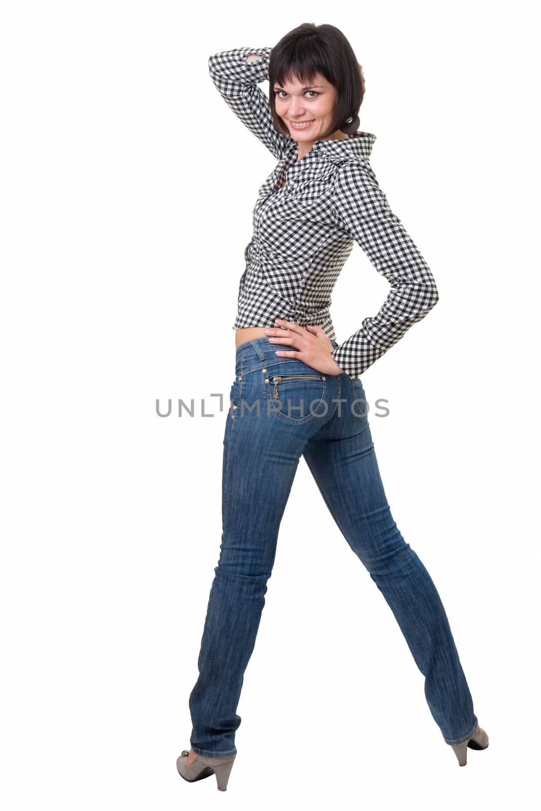 beautiful girl in jeans on a white background