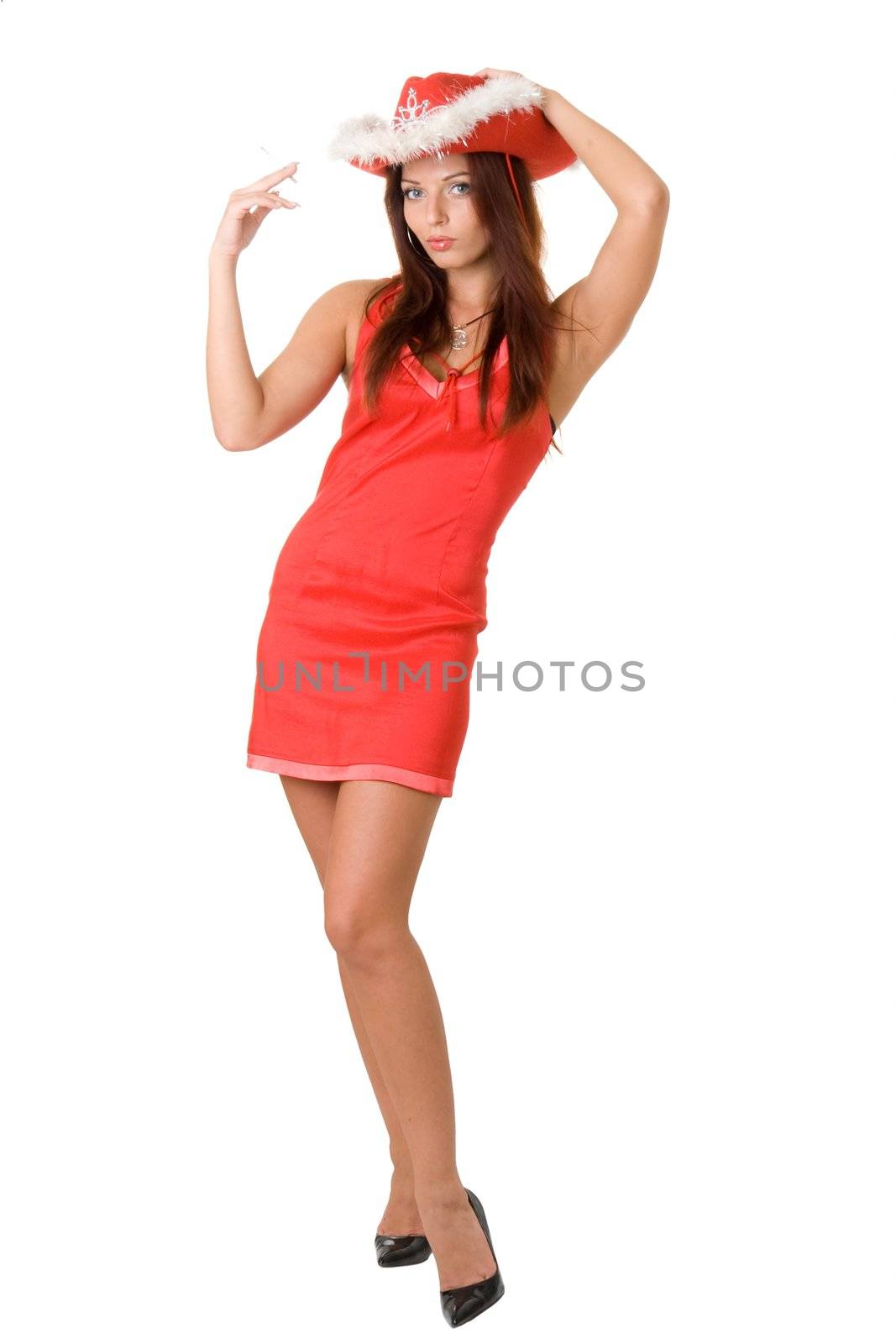 lady in red with cigarette on a white background