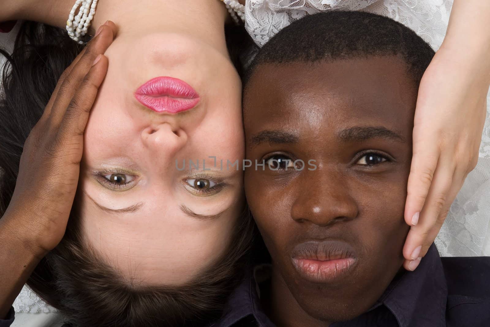 Two faces close up. Black man and white woman.