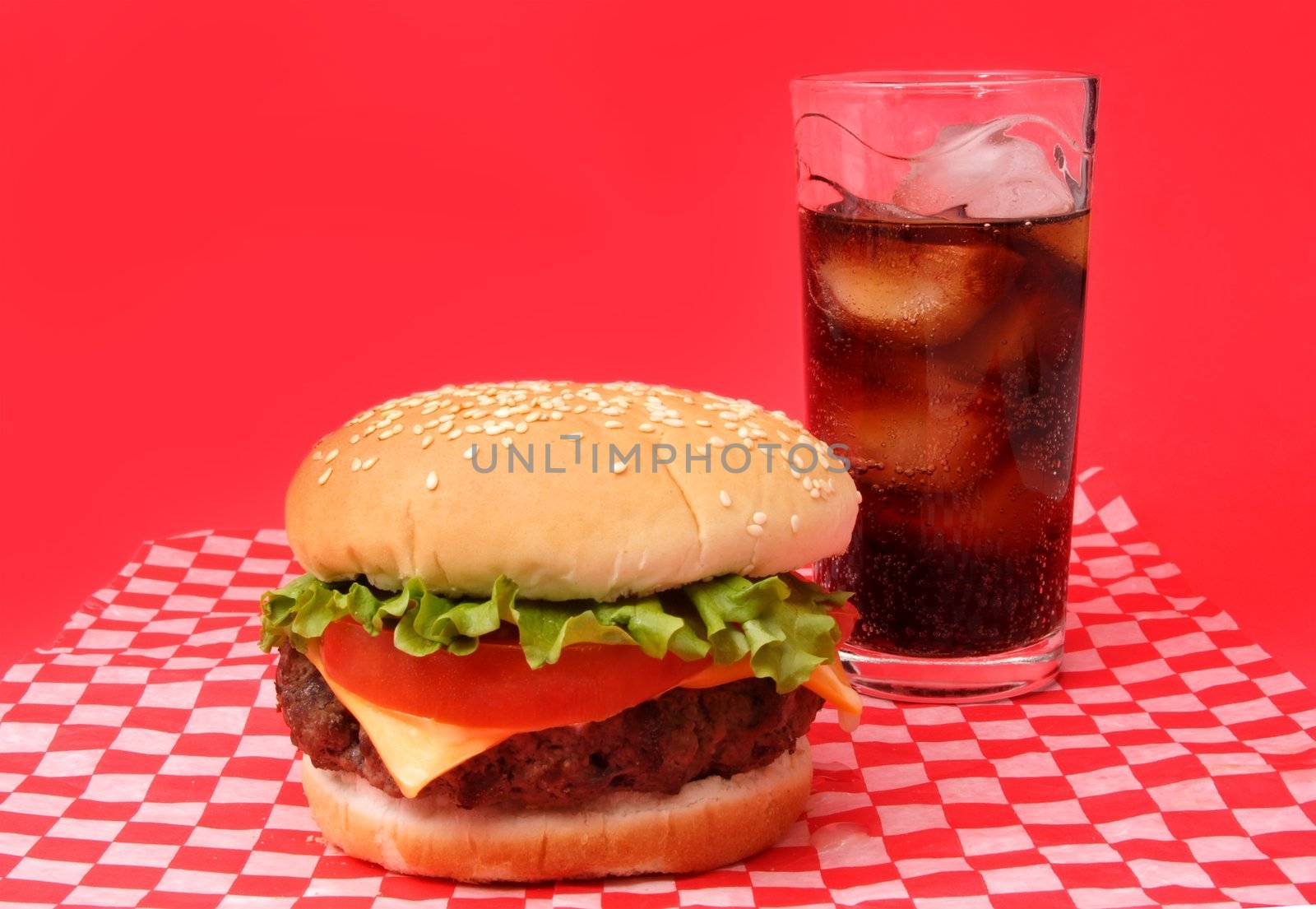 nice hamburger with a glass of cola and icecube
