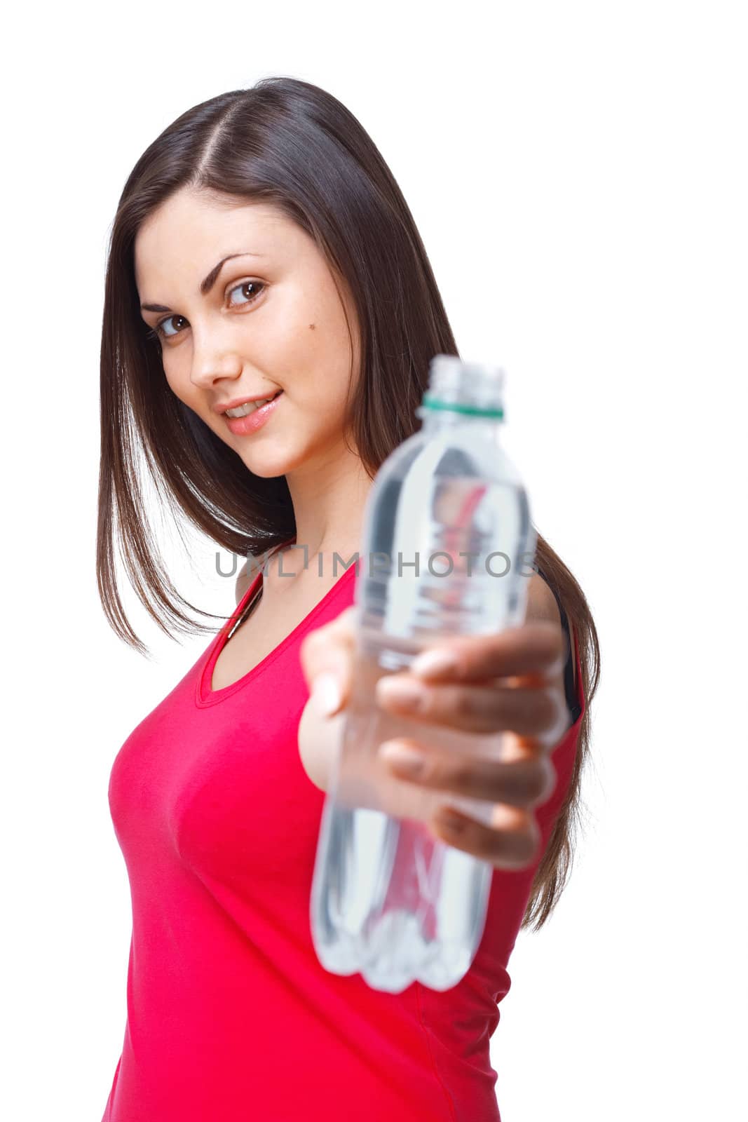 A close up portrait of a young woman bottle of water