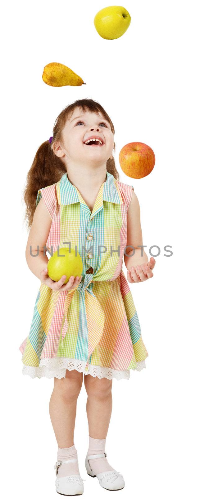 Little funny girl juggles fruit by pzaxe