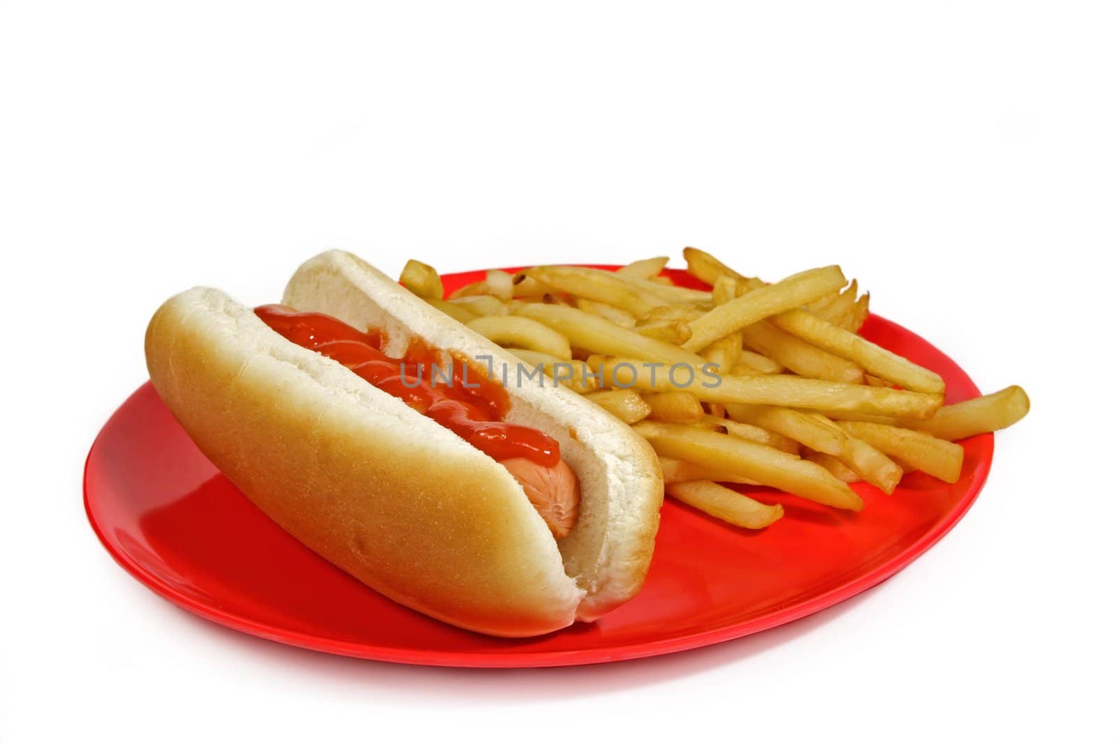 hot-dog and fries on a red plate