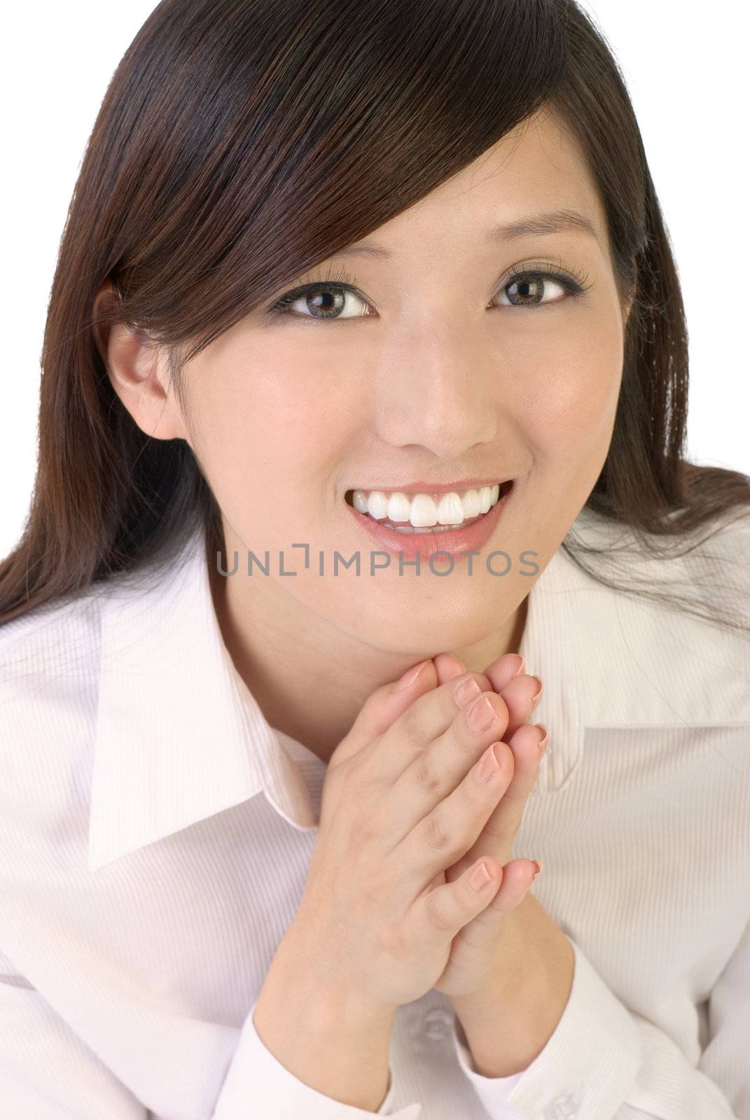 Business woman pray and smile on white background.