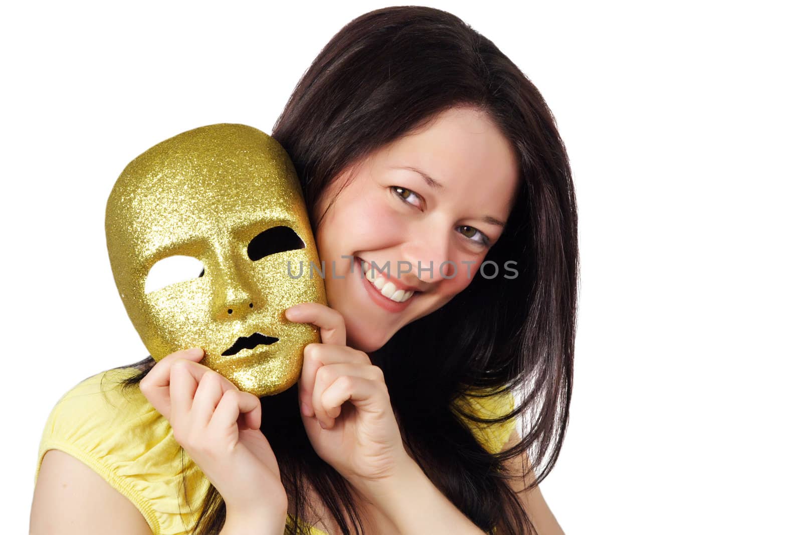 nice girl holding a gold mask, isolated on white