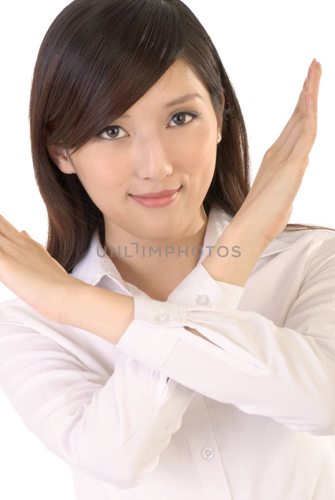 No gesture of Asian business woman on white background.