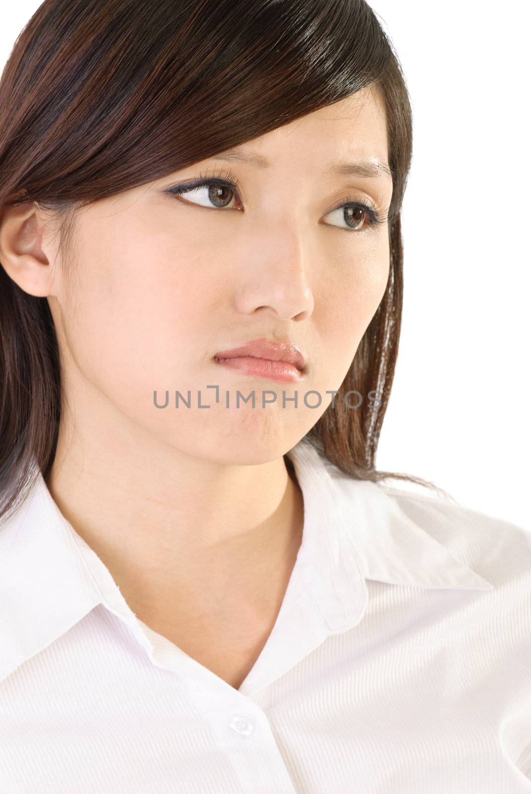 Worried businesswoman of Asian with blue face of expression on white background.