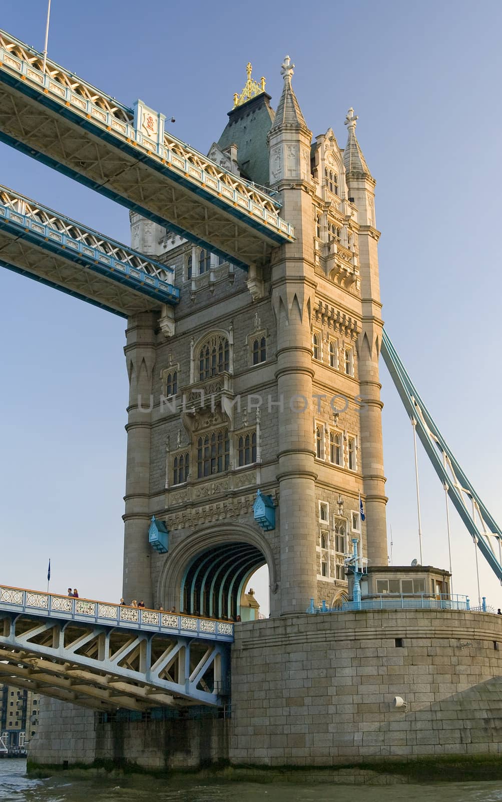 A detail view of Tower Bridge on river Thames.