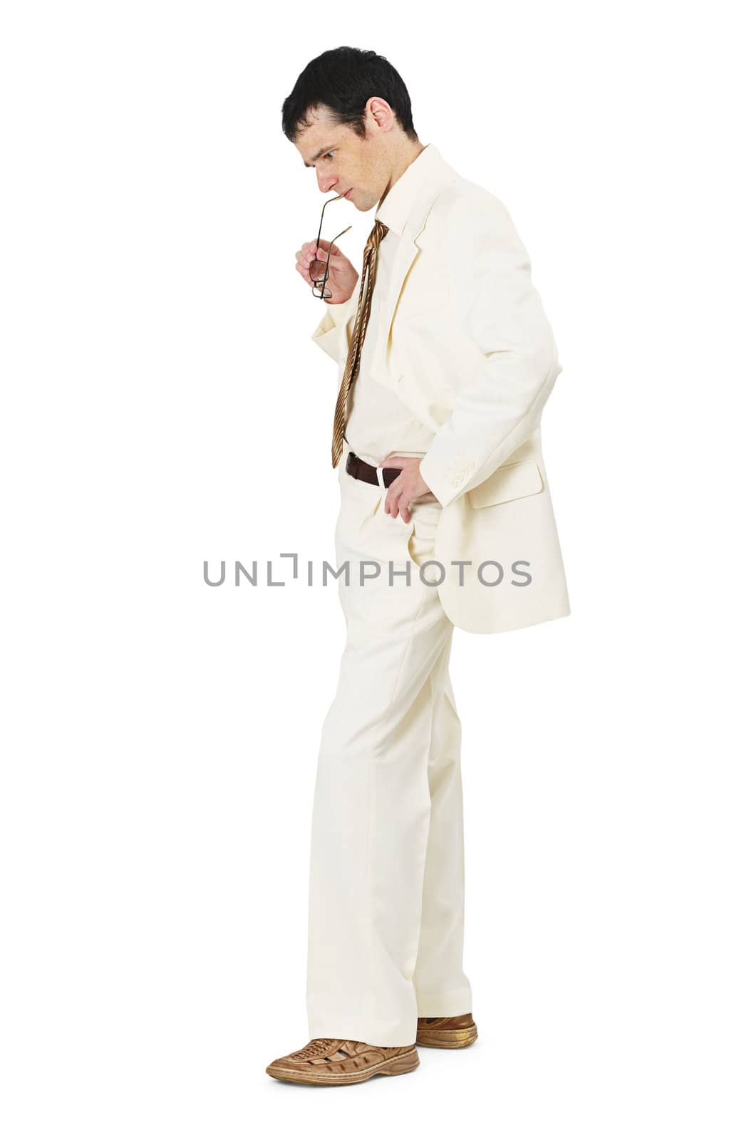 Thoughtful man in white business suit by pzaxe
