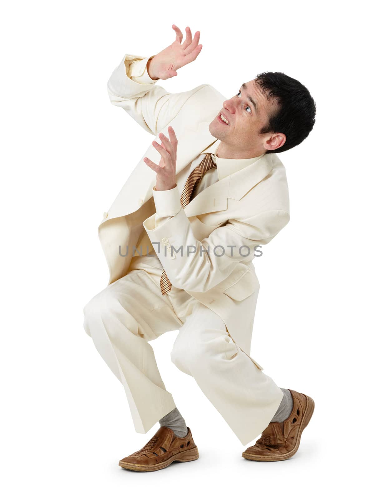 Frightened young man on white background by pzaxe