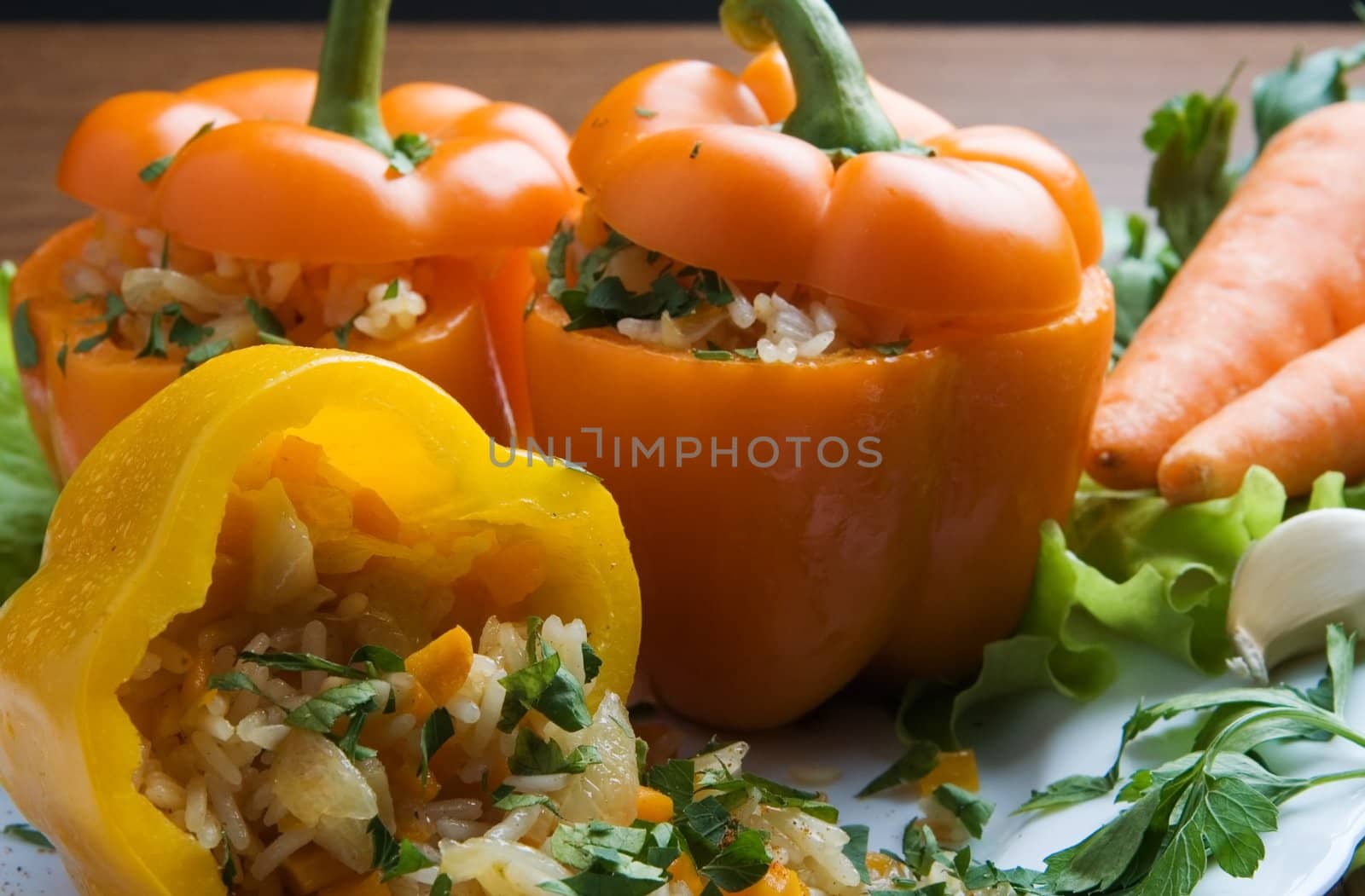 The sweet bulgarian pepper with vegetables and rice