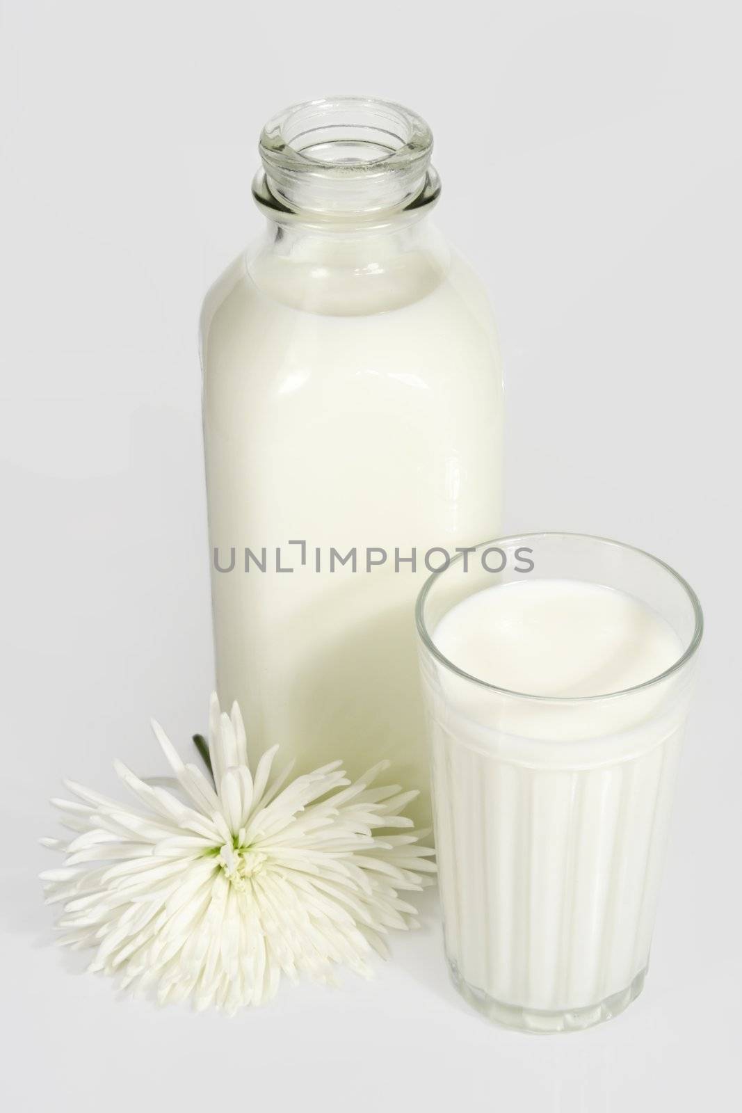 bottle and glass of milk with a white flower