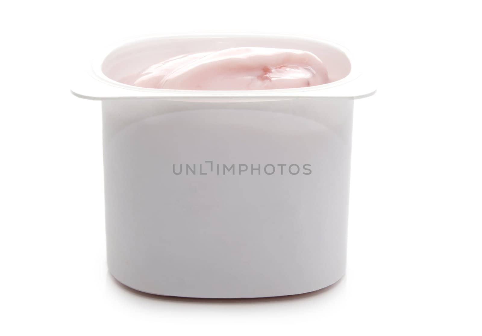 single portion of strawberry yogurt, isolated on white