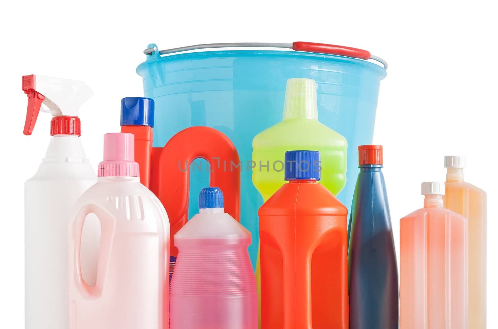 Colored plastic detergent bottles with bucket isolated on white background with clipping path