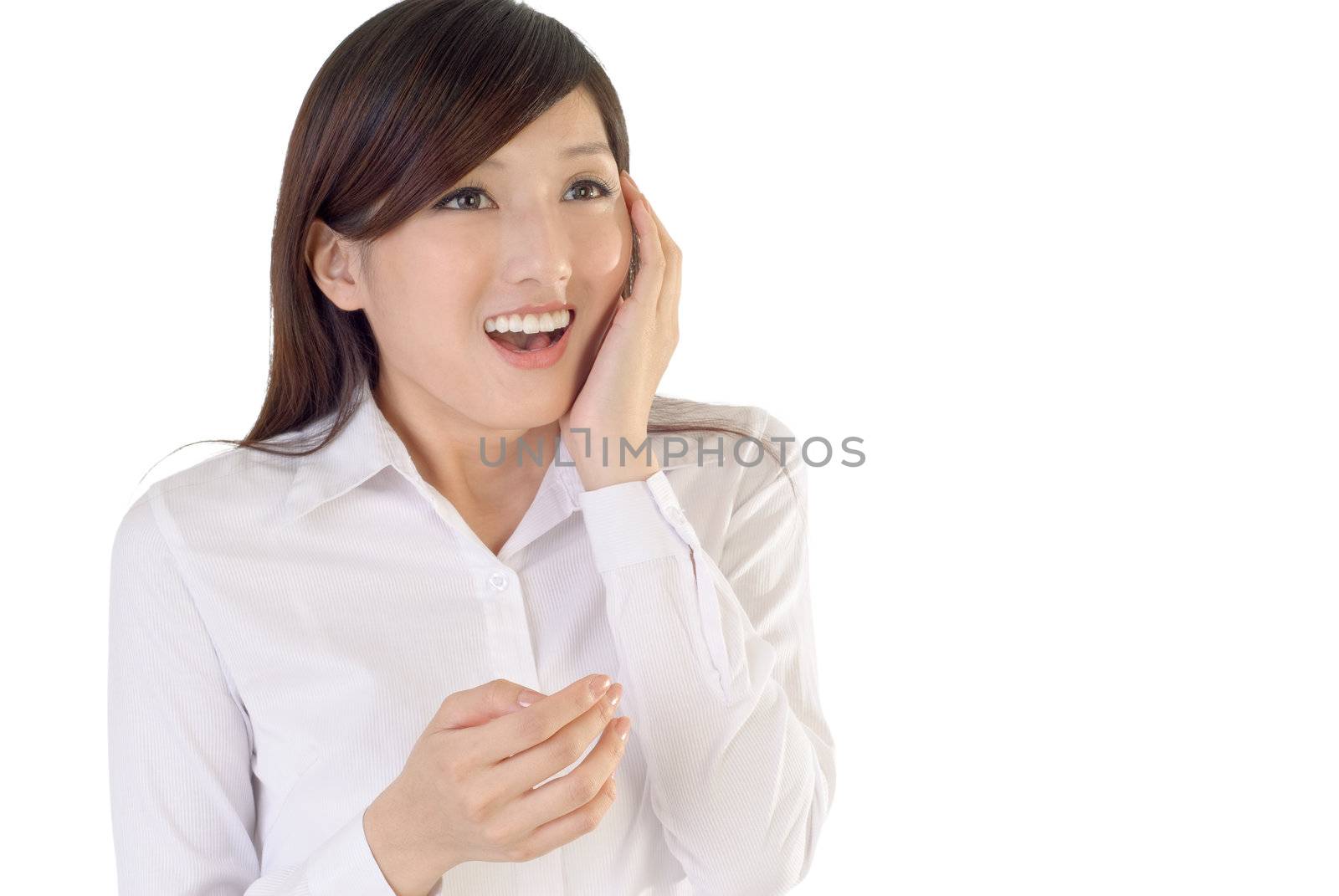 Business woman of Asian with surprised expression on white background.