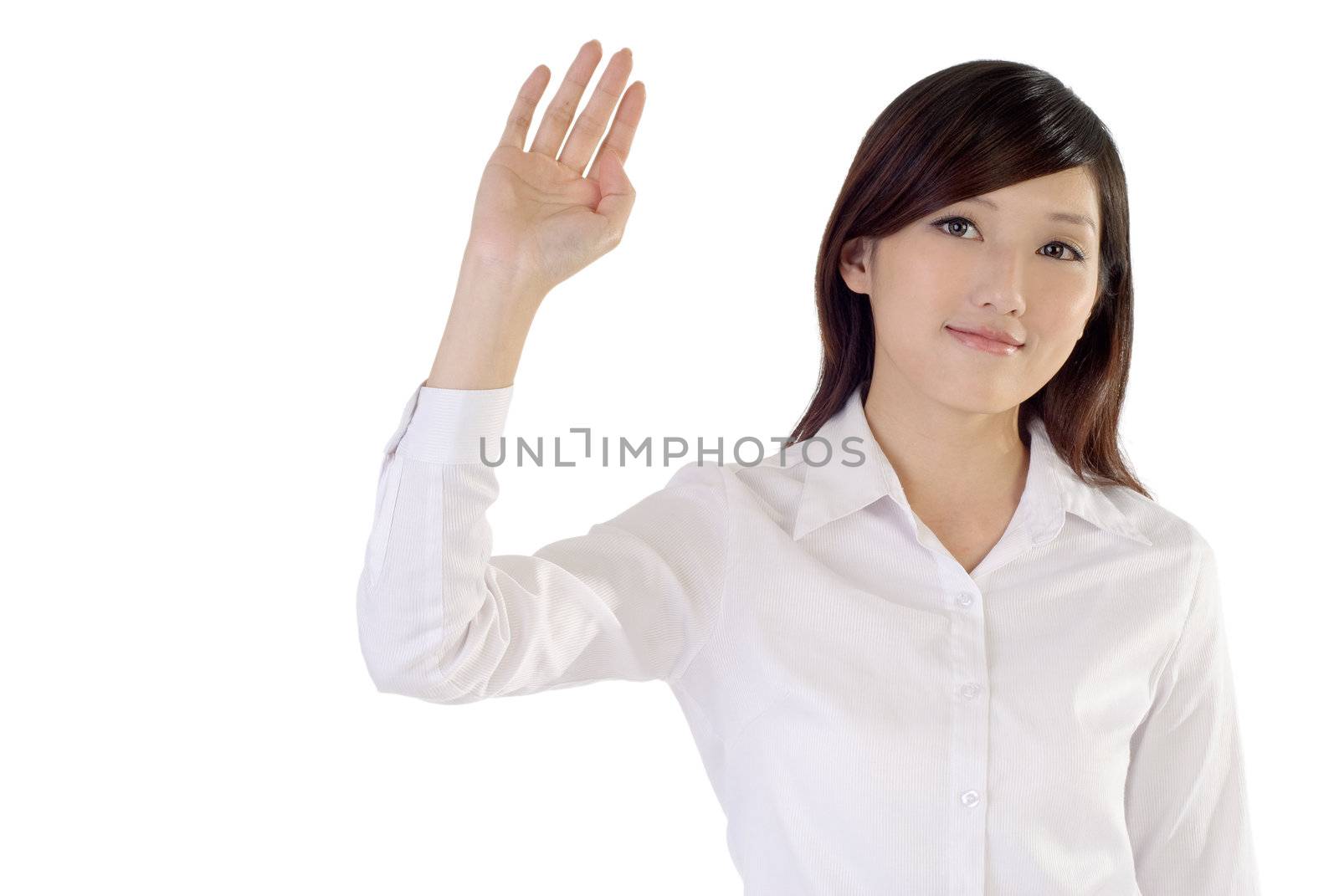 Business woman of Asian raise hand to greet on white background.
