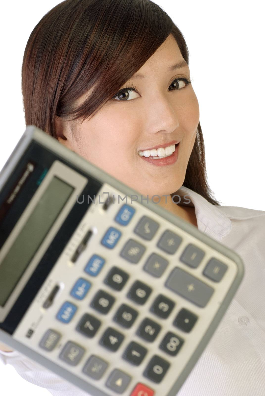 Calculator with business woman portrait on white background.