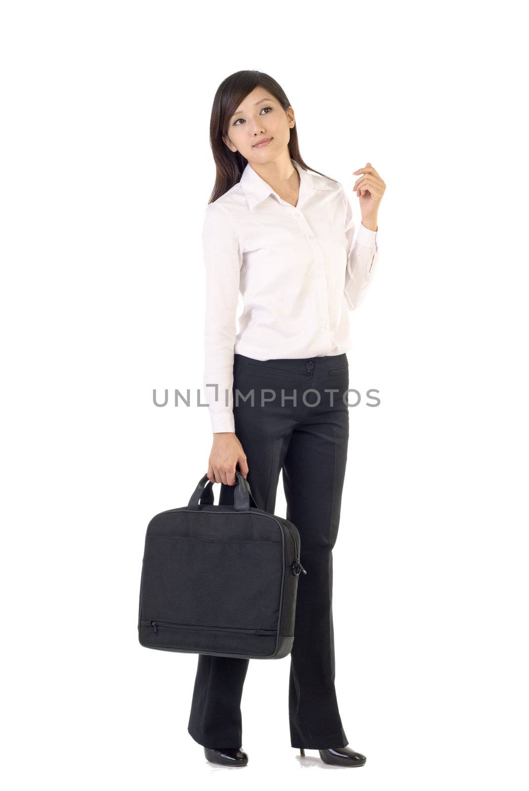 Portrait of Asian business woman with briefcase standing on white background.