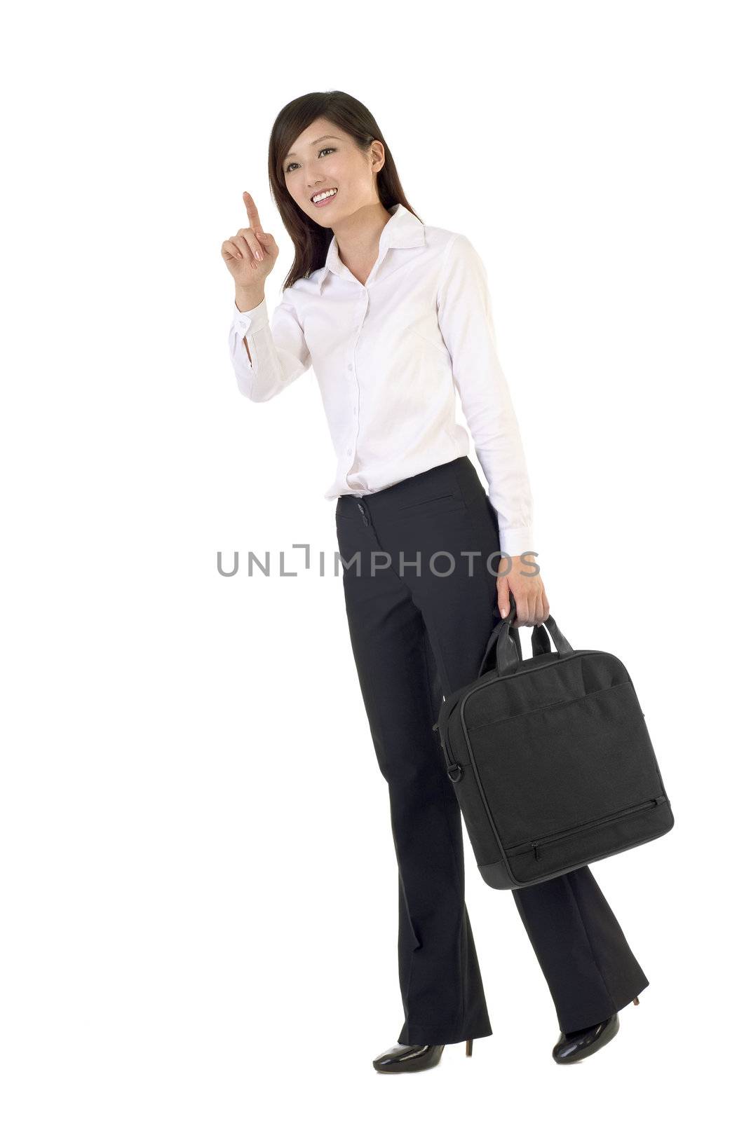 Asian businesswoman portrait with briefcase standing and point on white background.