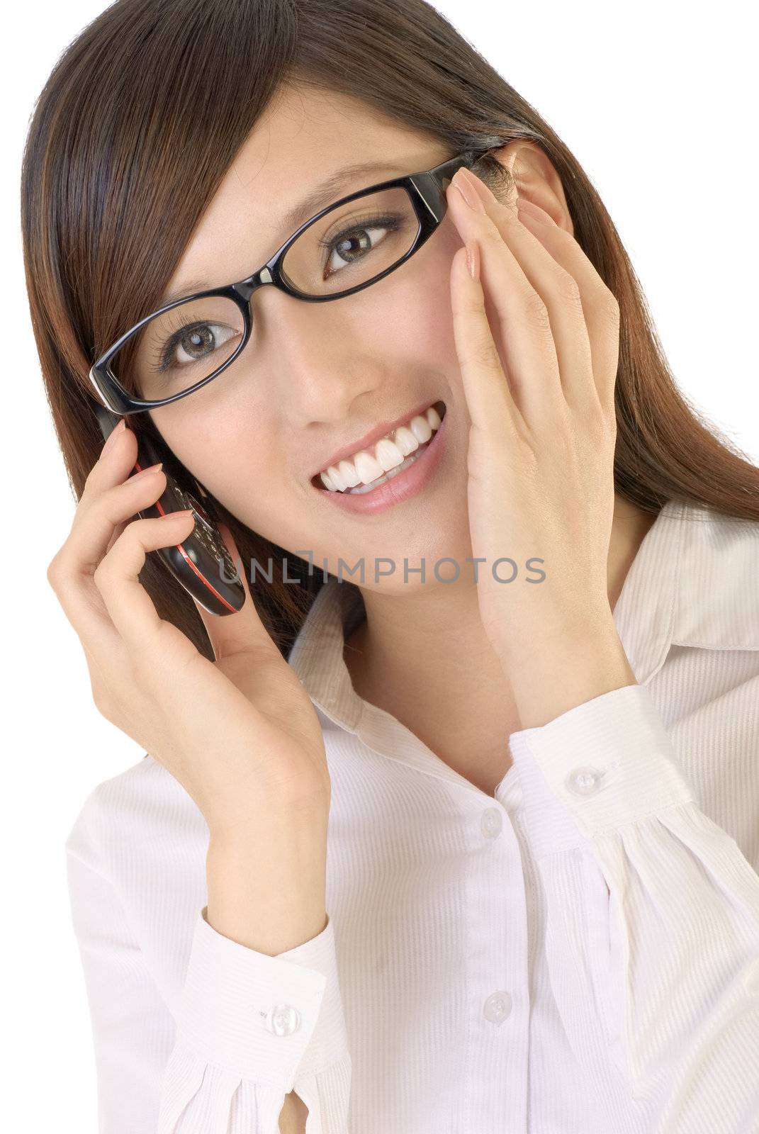 Business woman talking on cellphone and smile on white background.
