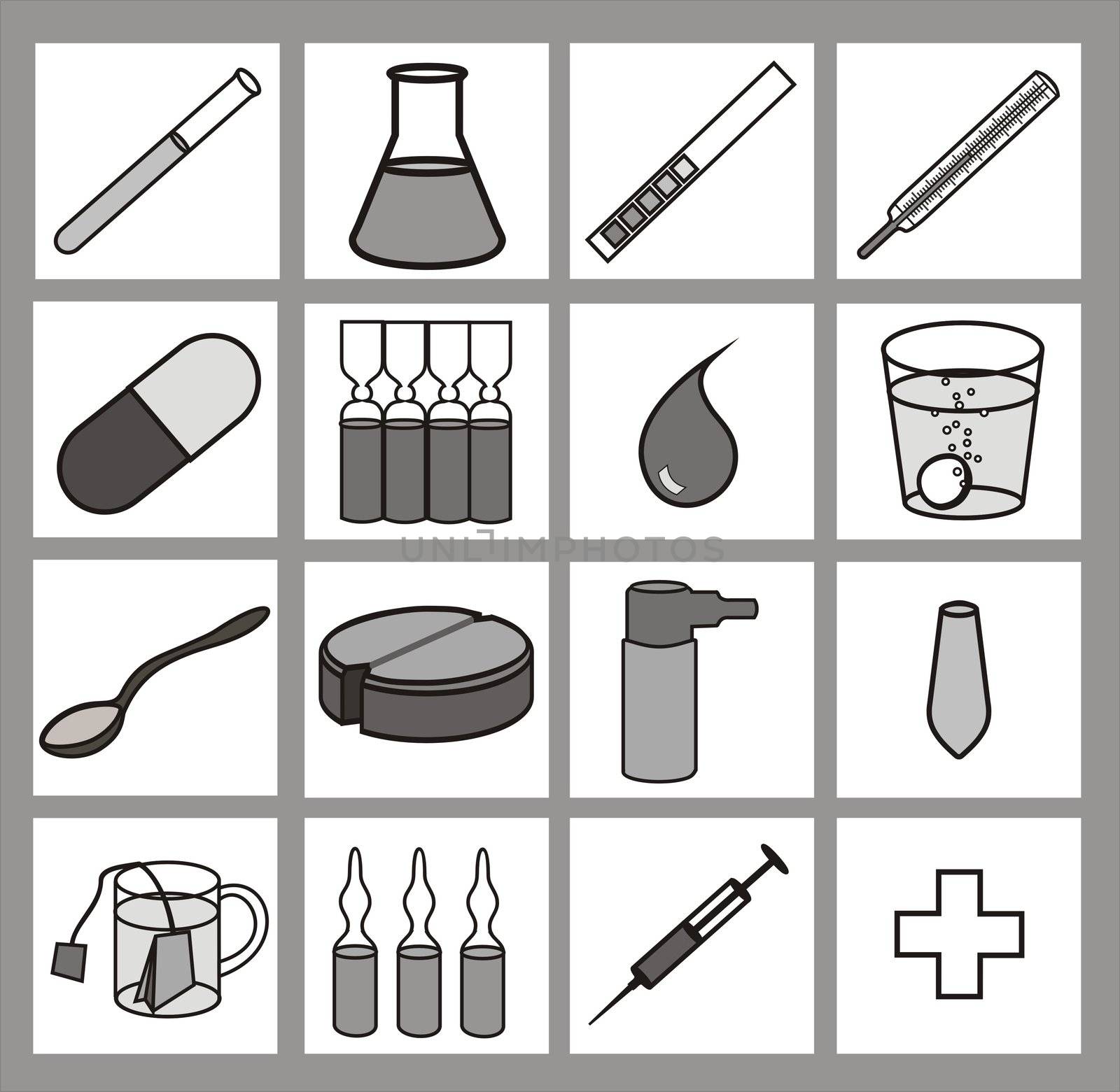 medical icons, grayscale, outlines black, no gradients