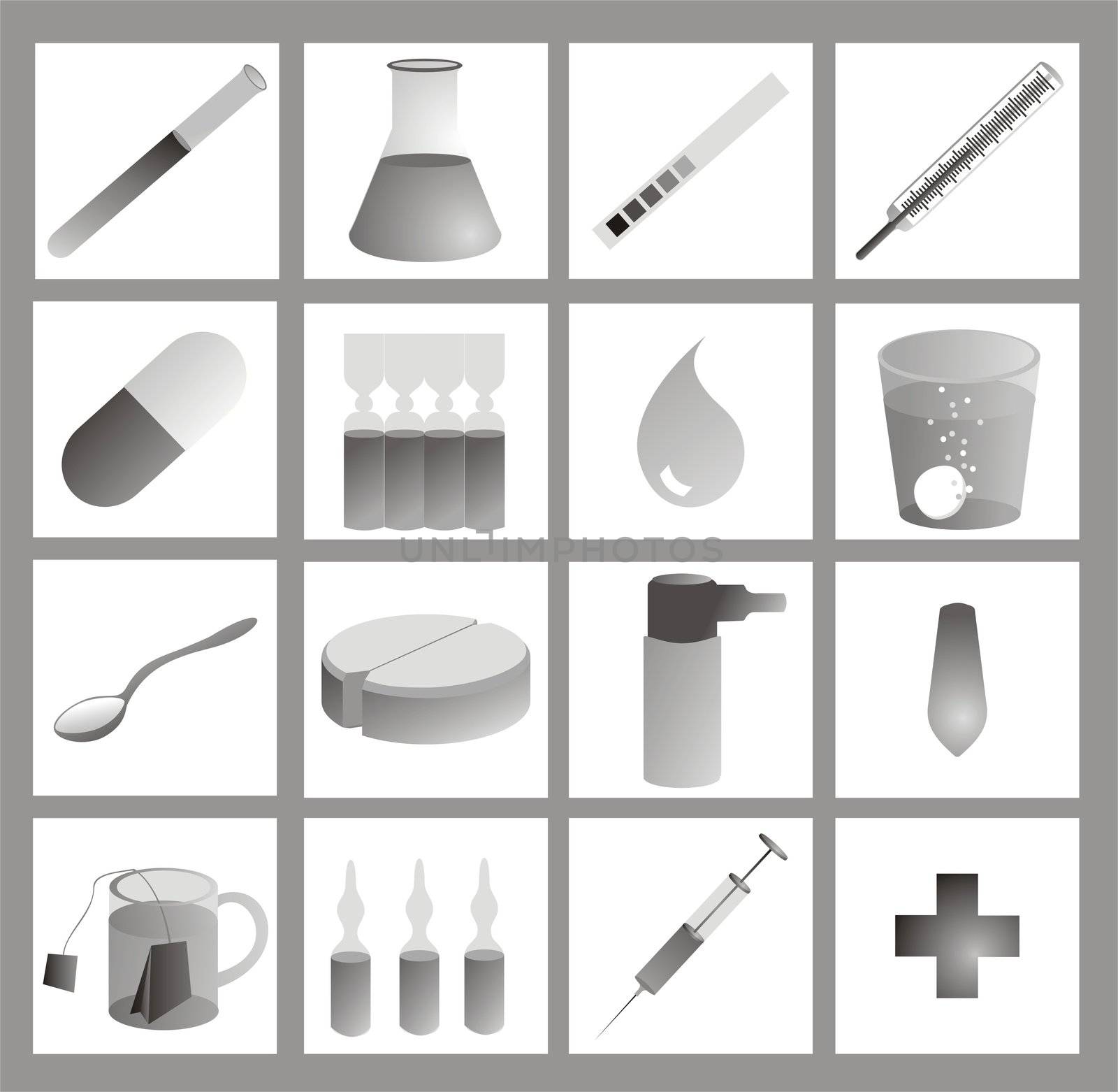 medical icons, grayscale on white, with gradients